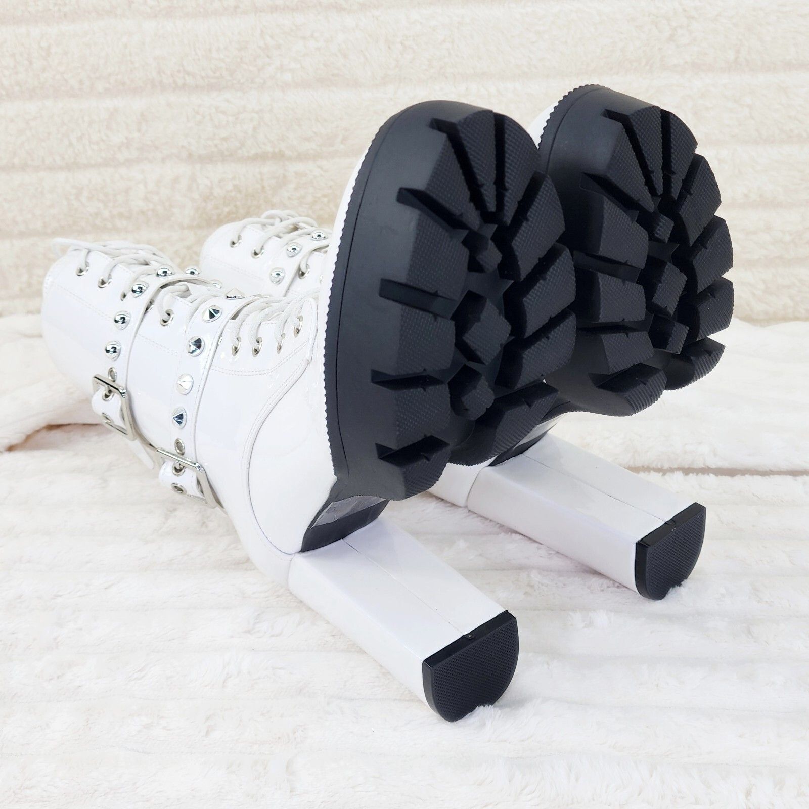 Other Bright White Patent Lug Sole Studded Strap Ankle Boots Tempt Size US 11 / IT 41 - 7 Thumbnail