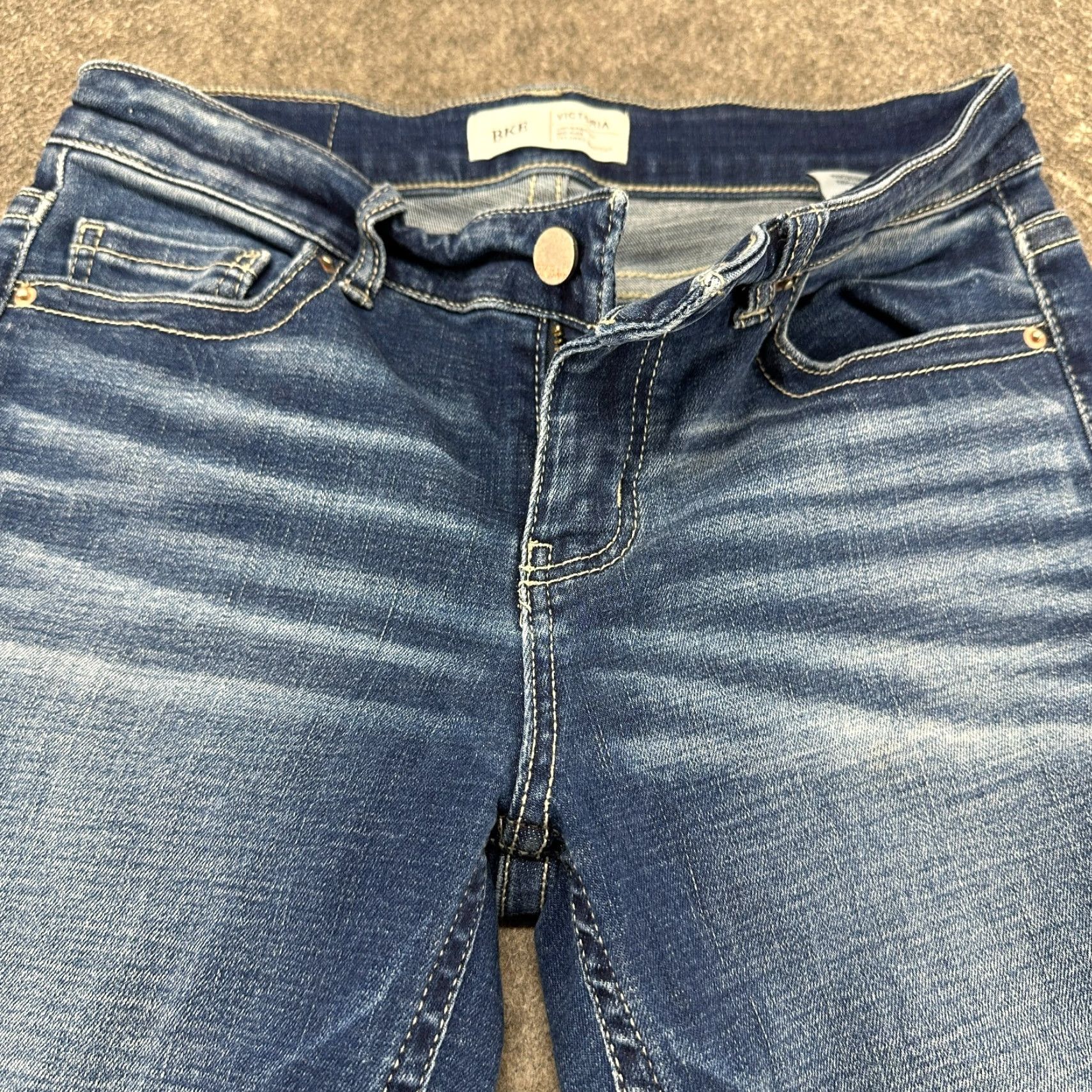 Vintage BKE Victoria Jeans Womens 26x29.5 Blue Mid Rise Bootcut Dark Distressed Comfort Pockets Zip 5-Pocket Denim Cotton Blend Regular Buckle Jeans Womens Size 26" / US 2 / IT 38 - 2 Thumbnail