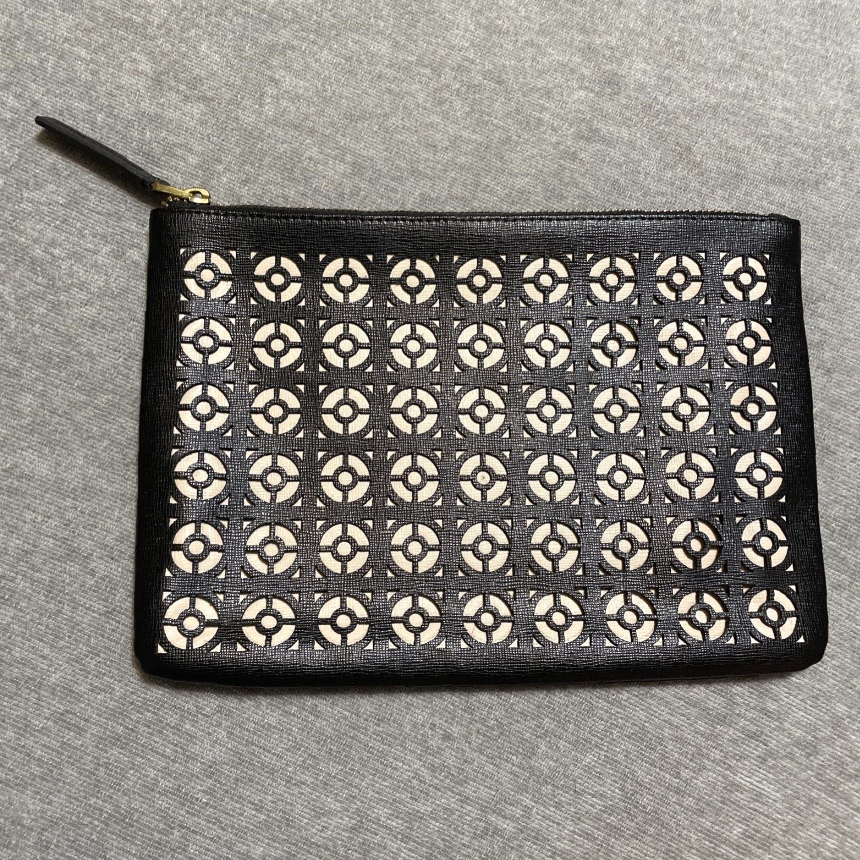 Vintage Jonathan Adler Clutch Women Medium Black Cream Laser Cut Geometric Faux Leather Modern Bag purse Size ONE SIZE - 4 Thumbnail