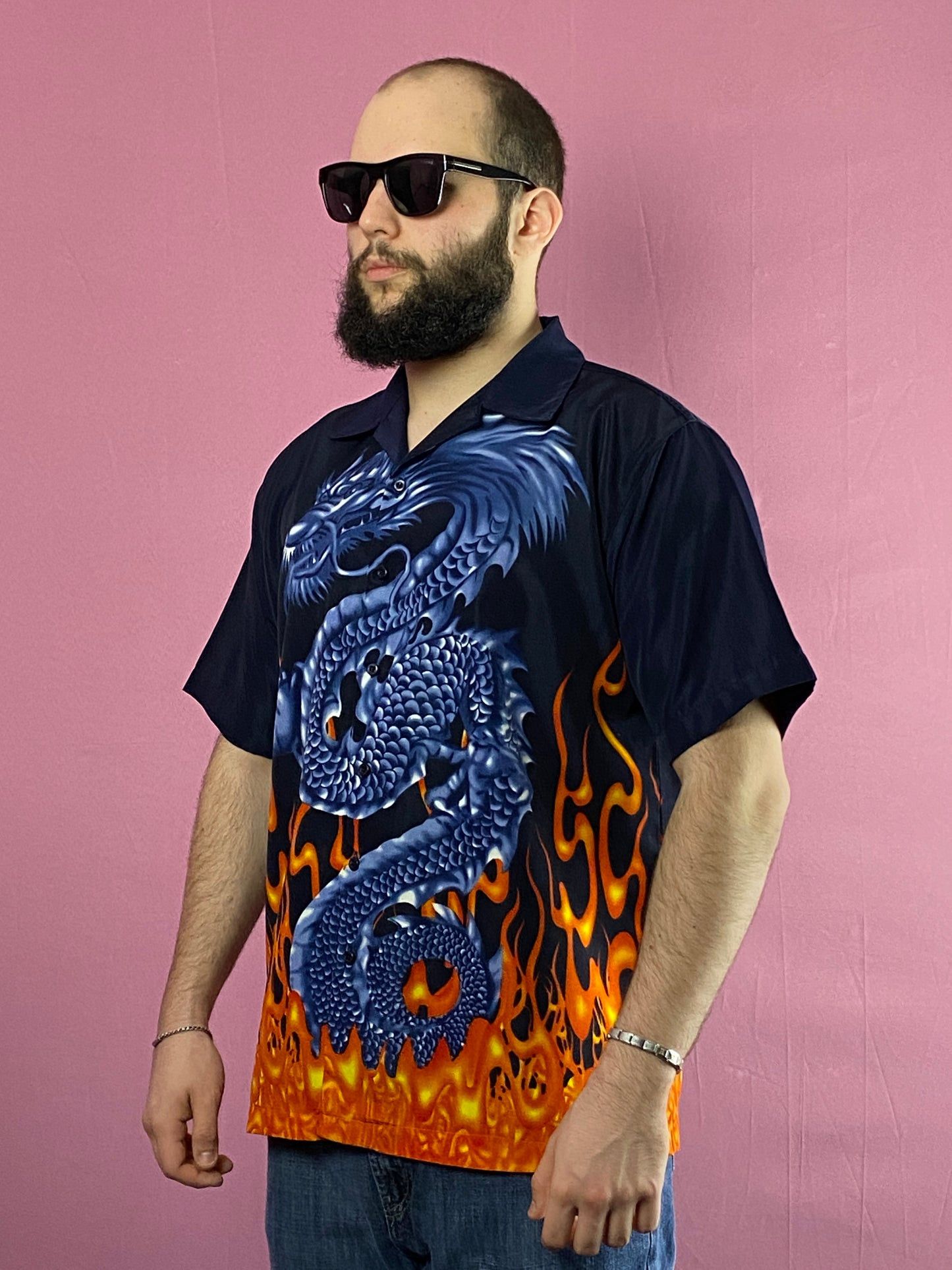 Designer Men's Flame Chinese Dragon Print Short Sleeve Shirt - M Size US M / EU 48-50 / 2 - 1 Thumbnail