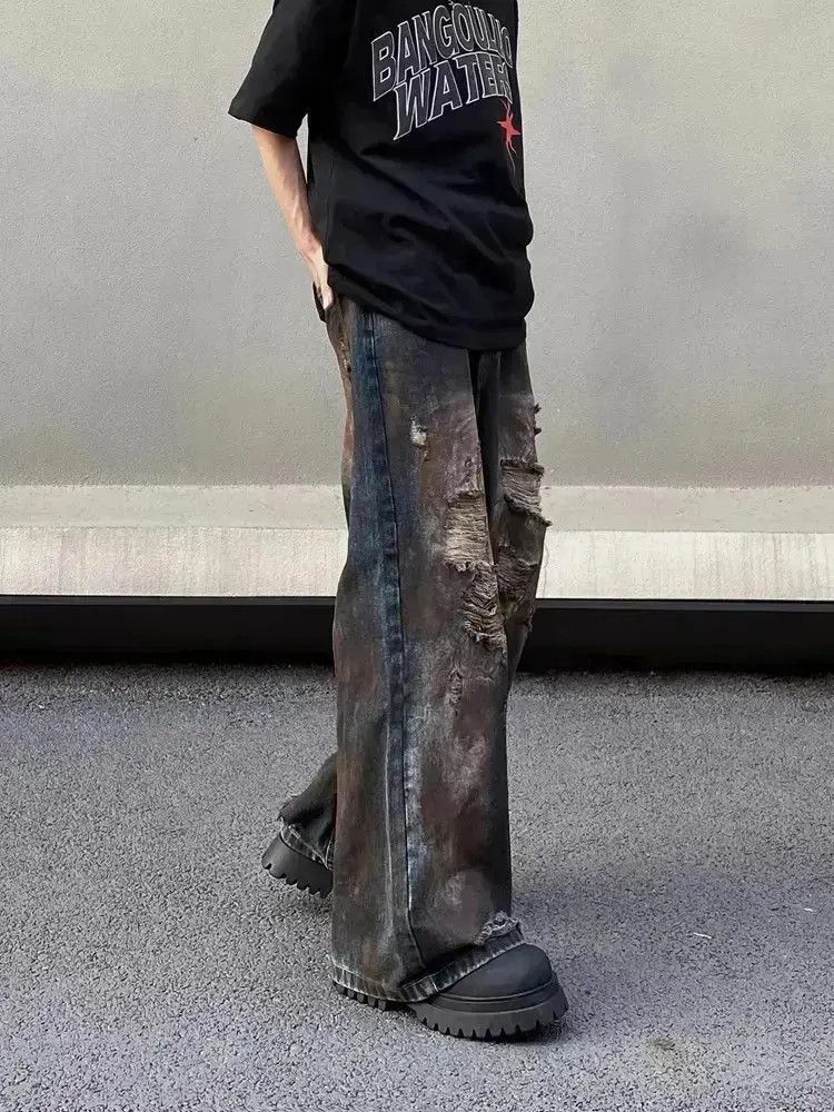 Japanese Brand Retro loose fitting straight leg distressed jeans Size US 32 / EU 48 - 6 Thumbnail
