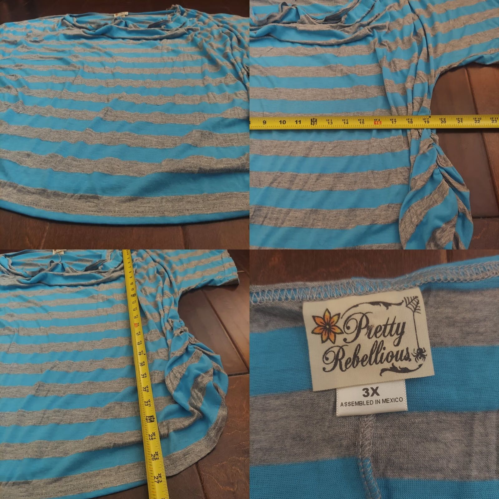 Vintage Pretty Rebellious Blouse Shirt Women 3XL Blue Gray Stripe Side Ruching Short Sleeve Plus Size Casual Summer Spring Fall Winter Size XXL / US 16-18 / IT 52-54 - 8 Thumbnail