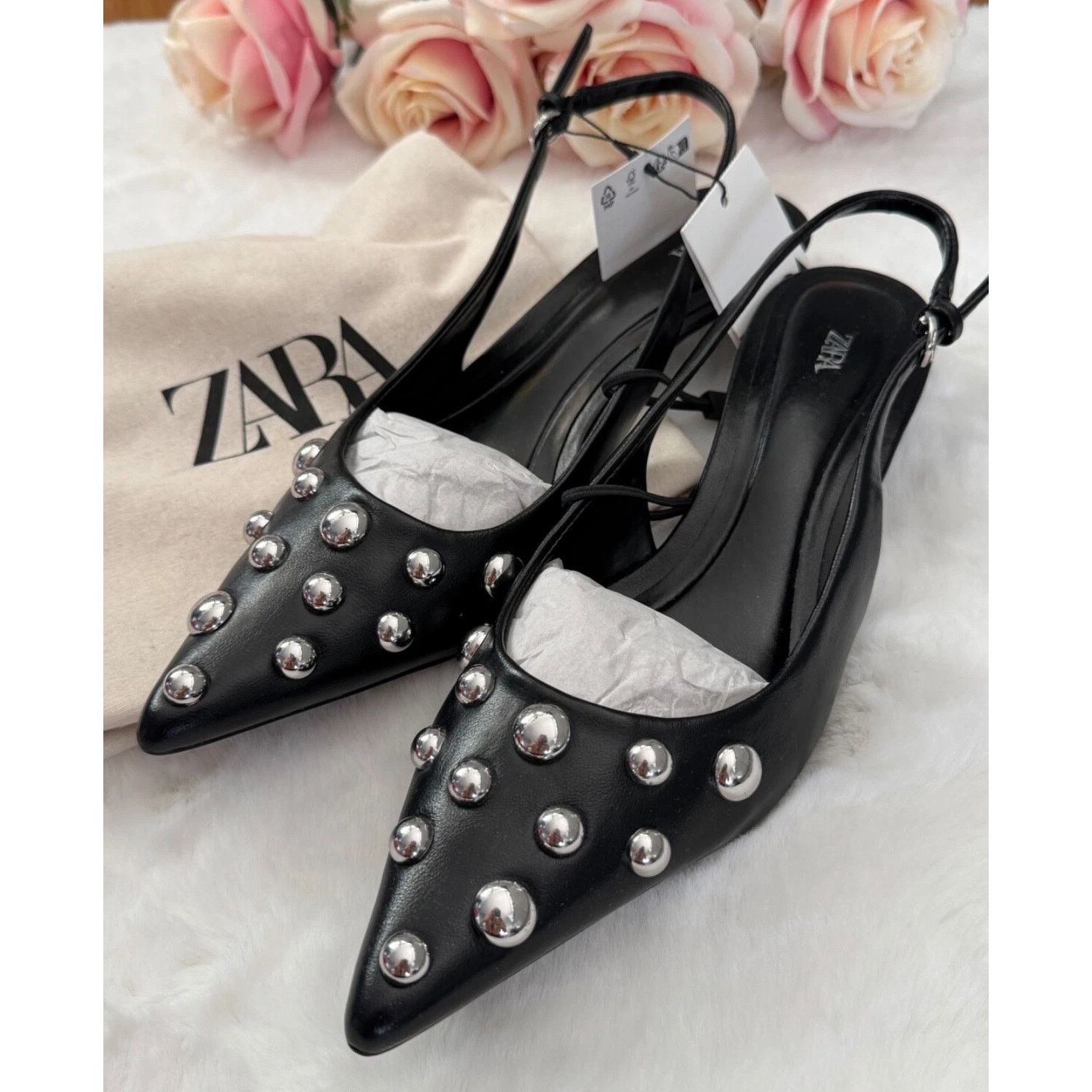 Zara Zara Studded Pointed Toe Slingback Kitten Heels NWT Size US 8 / IT 38 - 6 Thumbnail