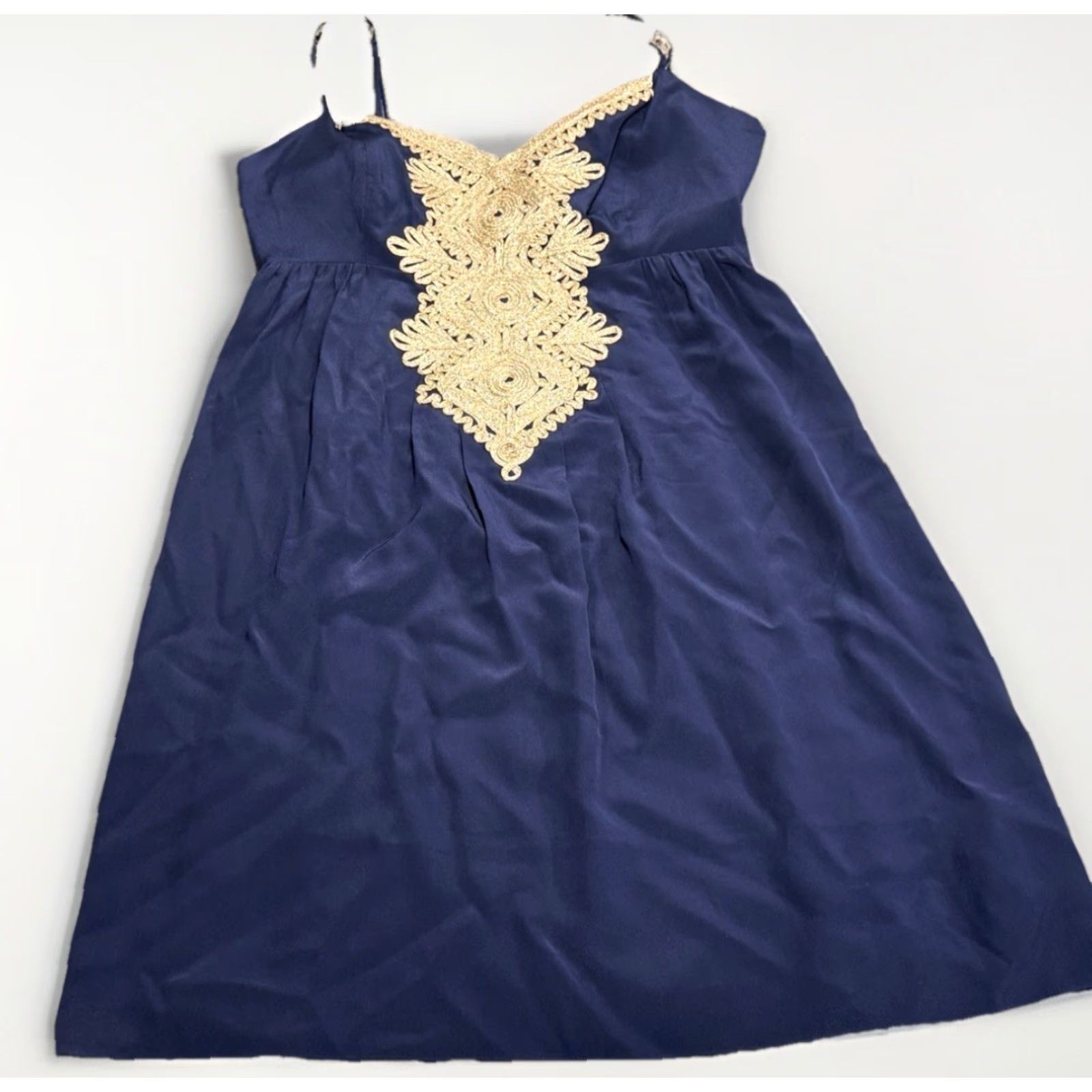 Lilly Pulitzer VINTAGE Lilly Pulitzer Women's Dress Sz 10 Silk A-Line Preppy Navy Gold Embroidery Short Size L / US 10 / IT 46 - 2 Thumbnail