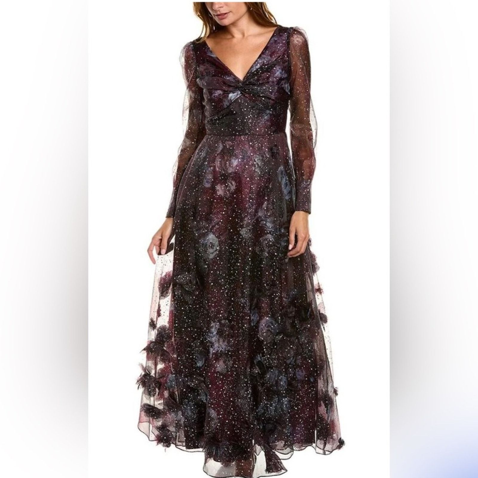 Marchesa Marchesa Norte Gown 3D Floral Purple Black Organza Foiled Size L / US 10 / IT 46 - 1 Thumbnail