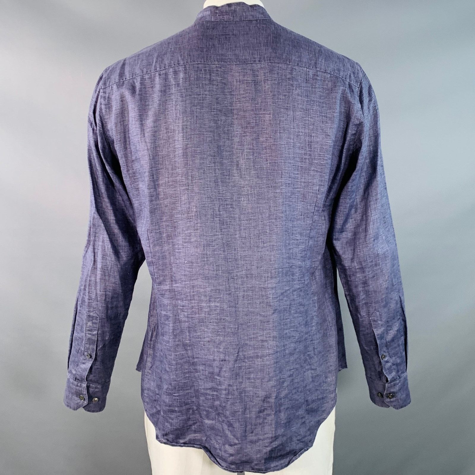 Giorgio Armani Blue Woven Linen Collarless Double Zipper Long Sleeve Shirt Size US L / EU 52-54 / 3 - 3 Thumbnail