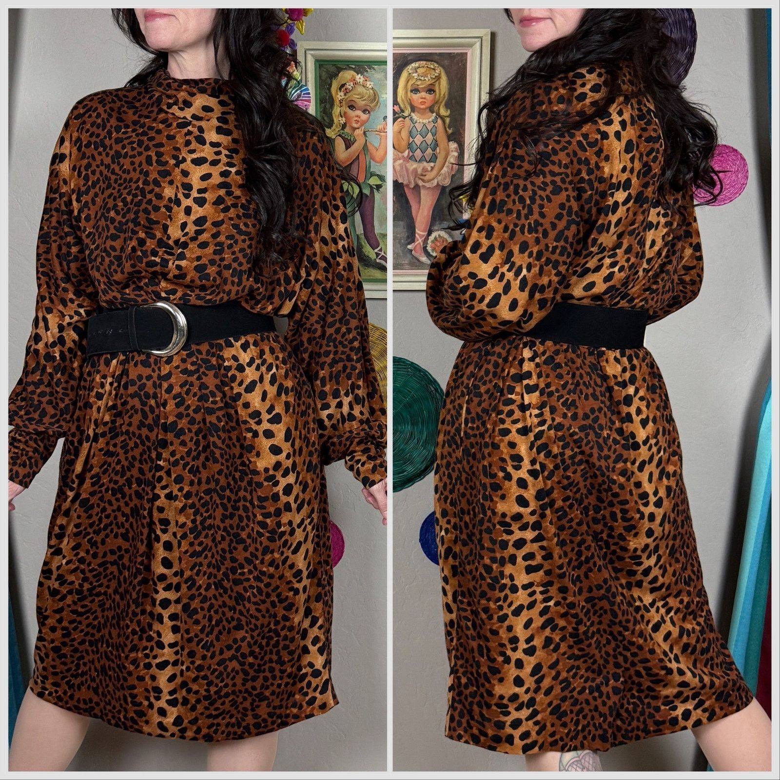 Vintage 1970s Cheetah Print Long Sleeve Turtleneck Jersey Midi Dress Size M / US 6-8 / IT 42-44 - 3 Thumbnail