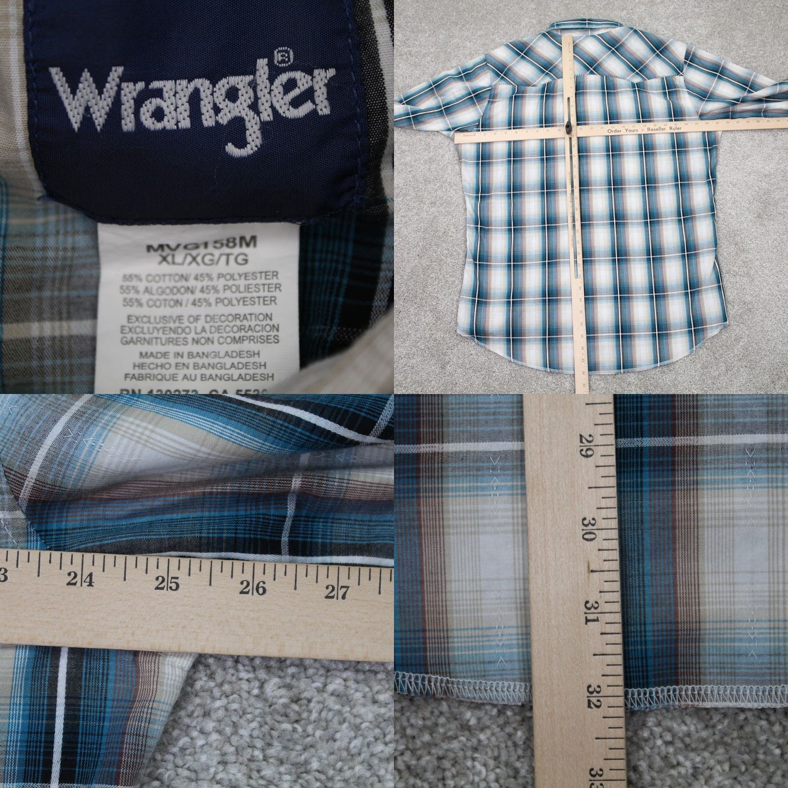Wrangler Wrangler Pearl Snap Shirt Mens XL Plaid Blue/Tan Long Sleeve Button-Up Western Cotton/Poly Shirt Size US XL / EU 56 / 4 - 8 Thumbnail