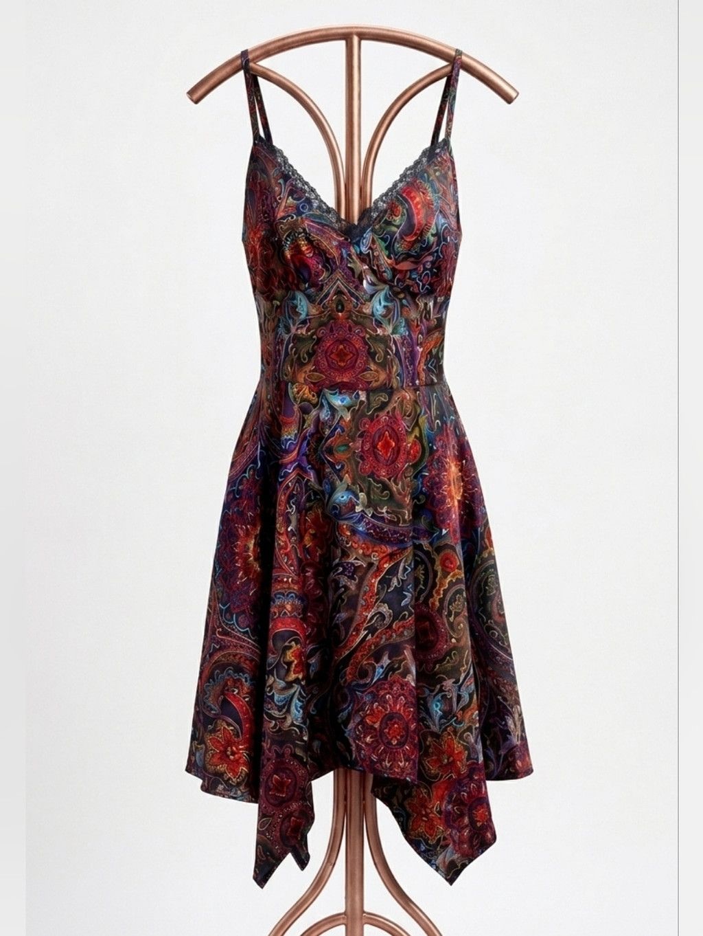 Shein Boho Paisley Print Smocked Mini Dress Lace Trim Strappy Size L / US 10 / IT 46 - 2 Thumbnail