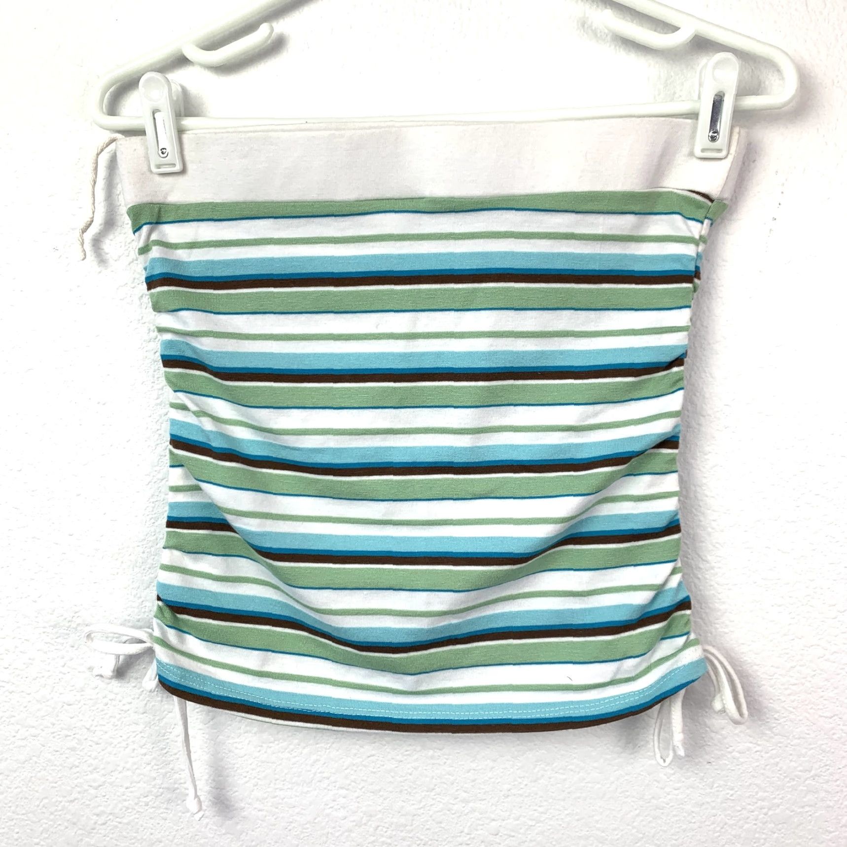 Vintage Juniors Tube Top Striped Y2K Cant Miss Large Strapless Ruched Drawstring Green Blue Size L / US 10 / IT 46 - 4 Thumbnail
