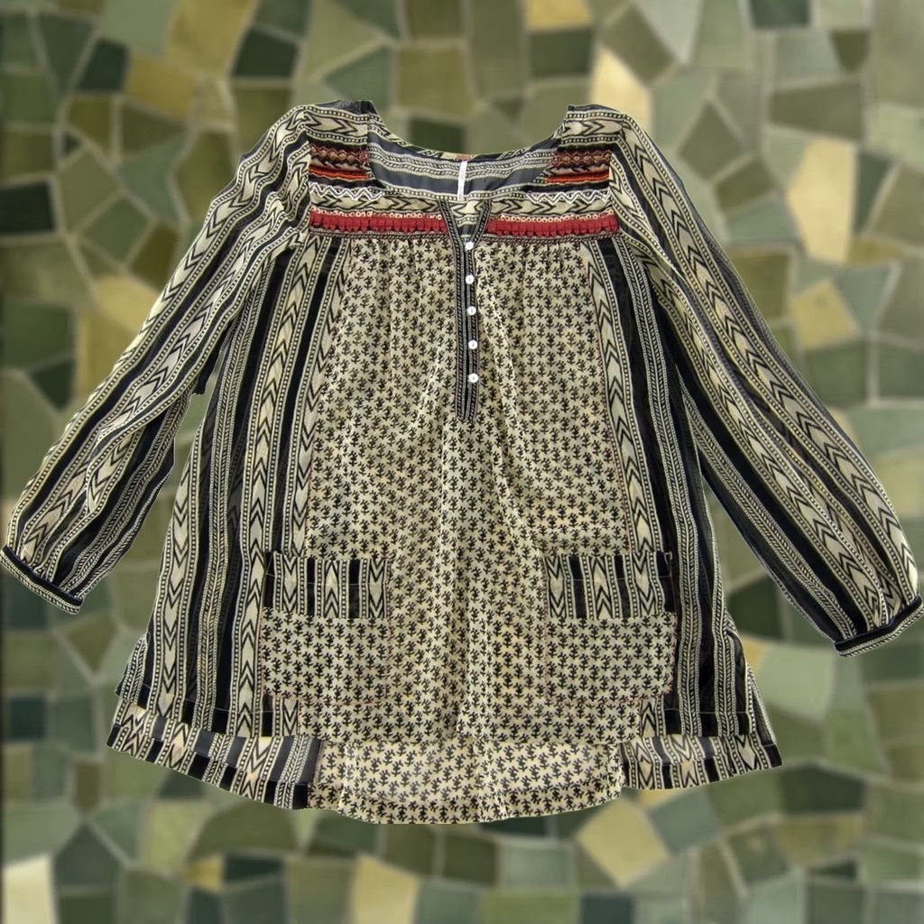 Free People Free People Brown Black Pink Beaded Sheer Pocket Long Sleeve Tunic Blouse Small Size S / US 4 / IT 40 - 1 Thumbnail