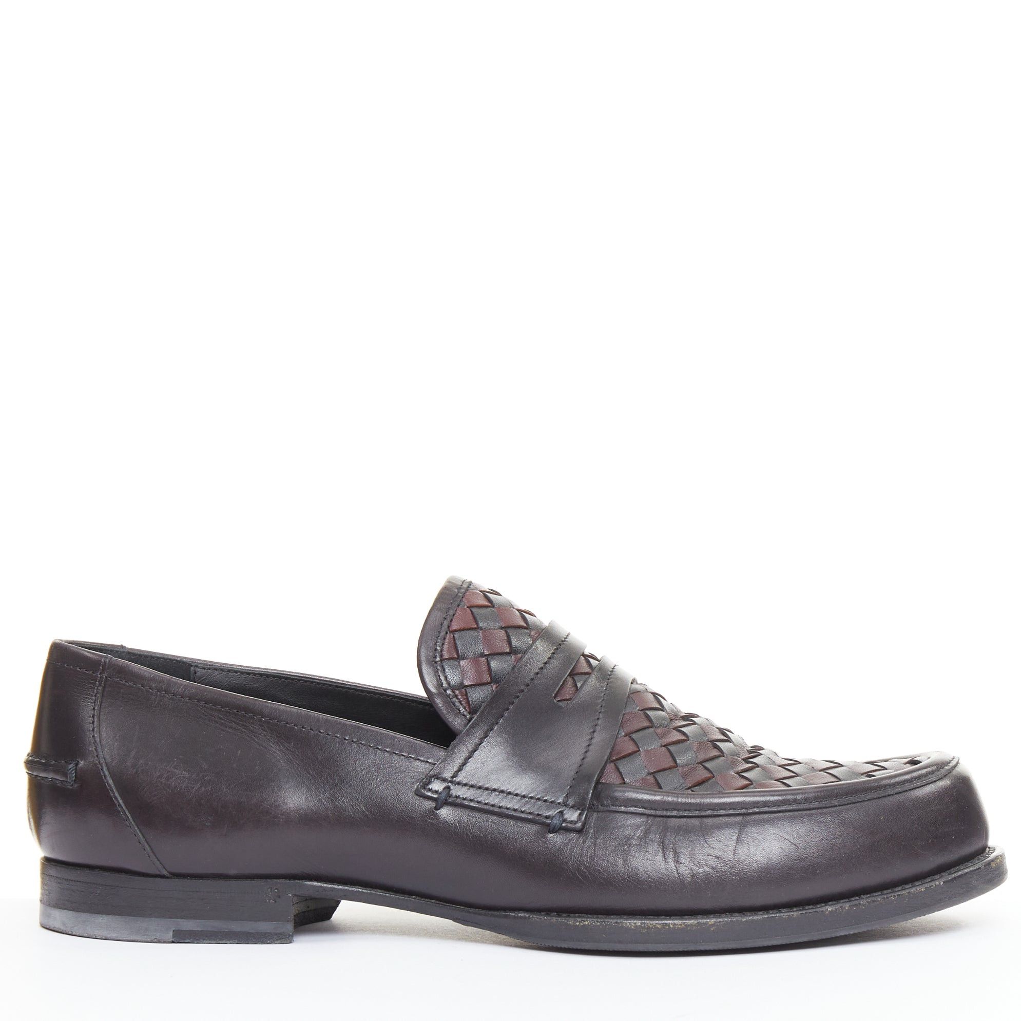 Bottega Veneta BOTTEGA VENETA Intrecciato black burgundy woven leather penny loafers EU43 Size US 10 / EU 43 - 1 Thumbnail