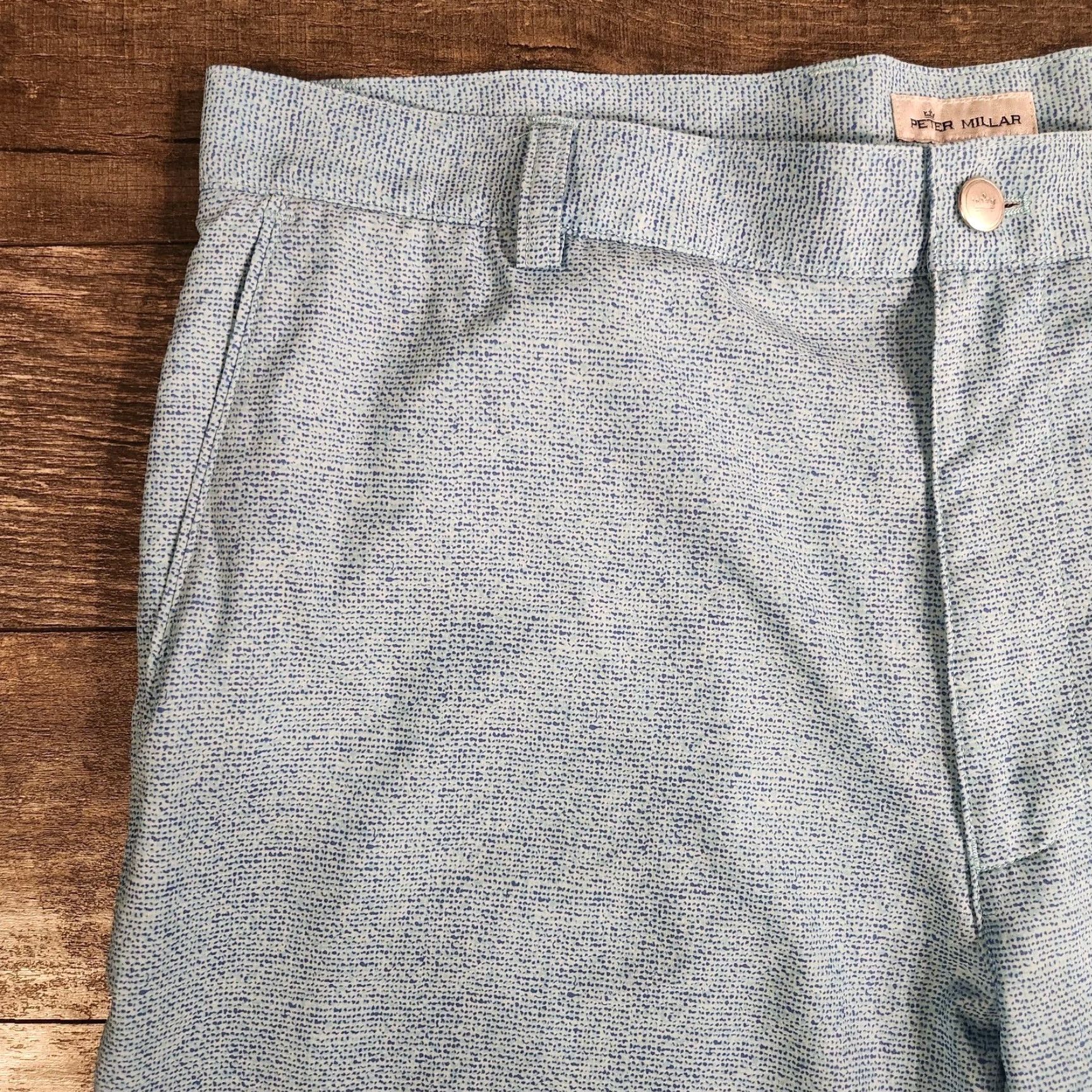 Peter Millar Peter Millar Shorts Mens 36 AOP Blue Performance Stretch Golf Wicking Casual Travel Geometric Front Flat Front Pockets Logo Men Regular Chino Short Size US 36 / EU 52 - 5 Thumbnail