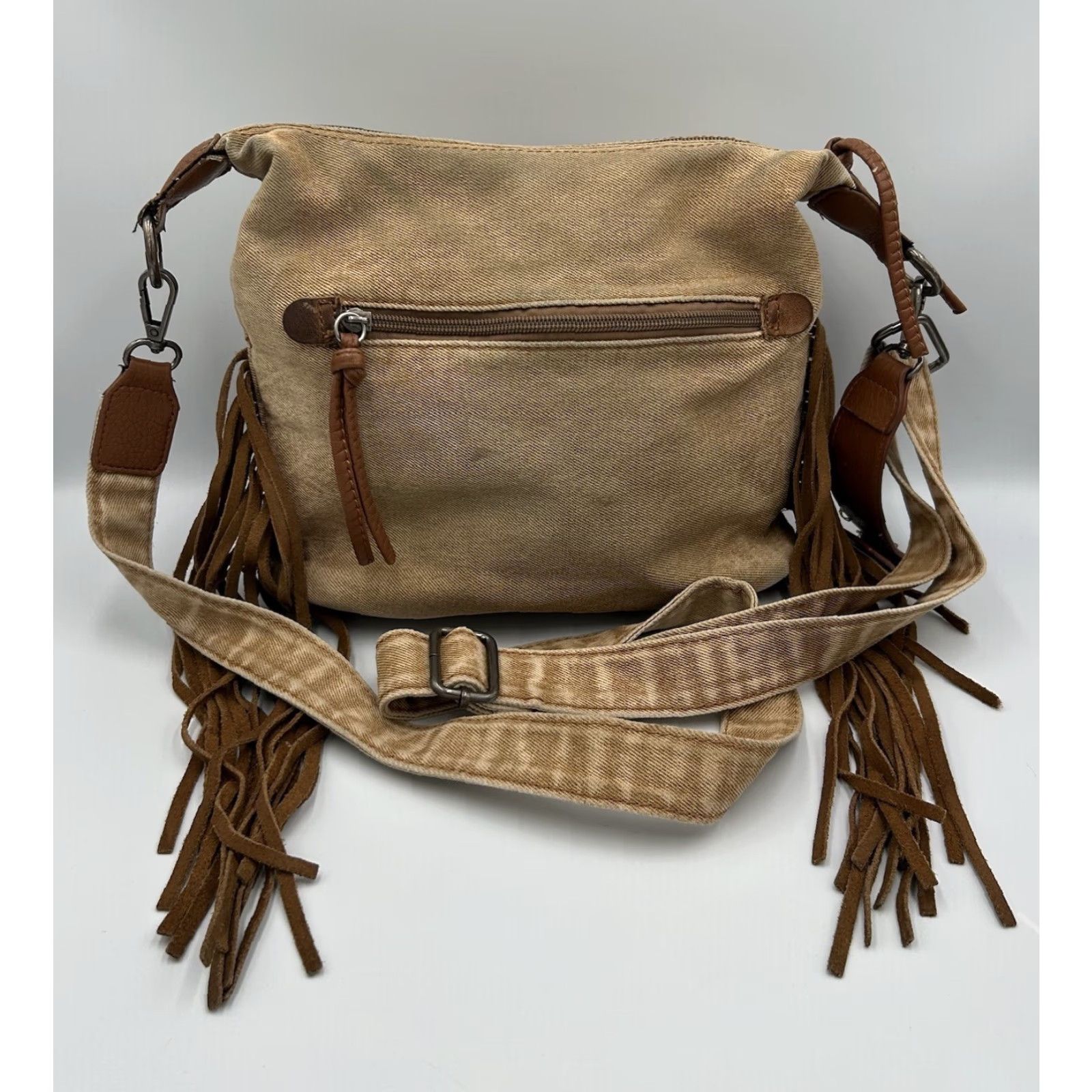 Wrangler Wrangler Crossbody Bag Western Ladies Fringe Floral Tooled Black Denim Beige Exterior Color Medium Size ONE SIZE - 3 Thumbnail