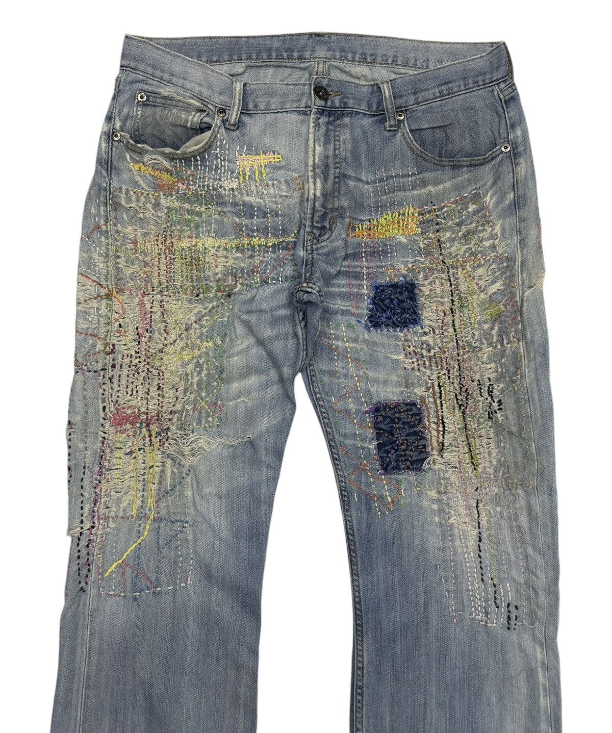 Beauty Beast VINTAGE CLOSSHI HAND KNIT DISTRESSED DENIM JEANS Size US 35 - 3 Thumbnail