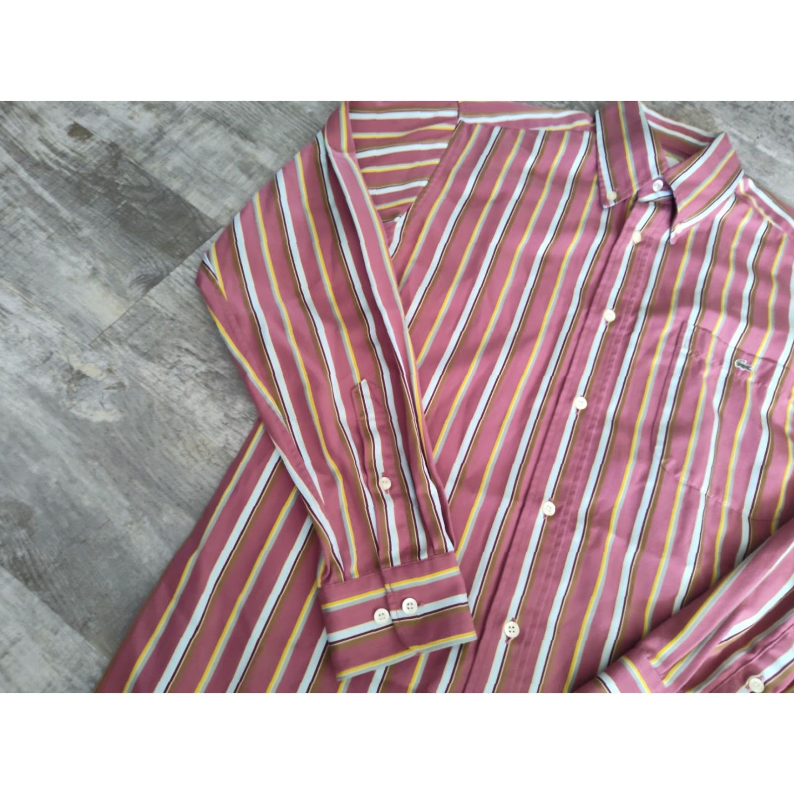 Lacoste VINTAGE Lacoste Mens Dress Shirt Button-Down Collared Long Sleeve Striped Cotton Sz 38 Alligator Logo Size 38R - 4 Thumbnail