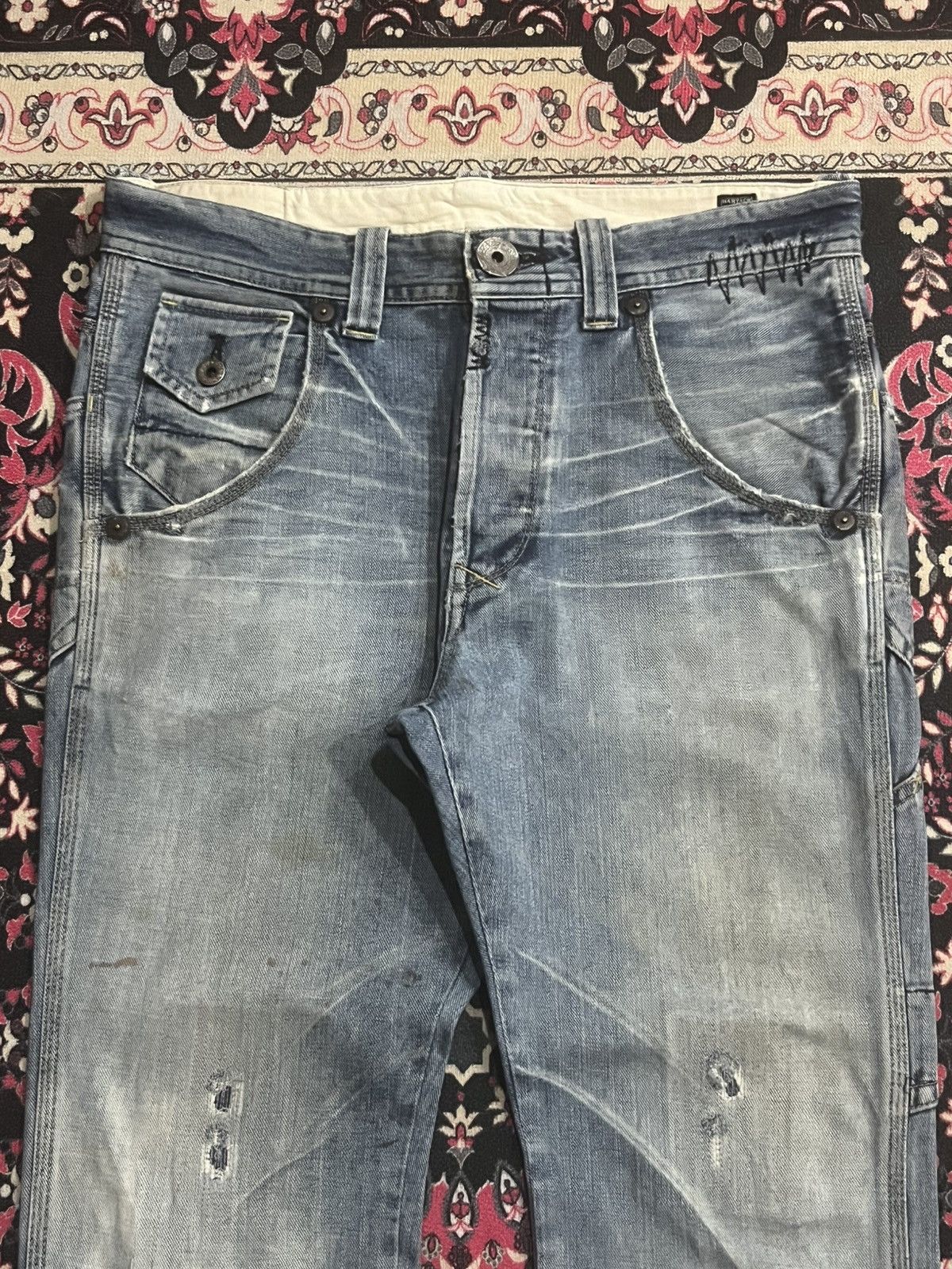 Le Grande Bleu (L.G.B.) Japanese Brand Bartack Cinch Back Whisker Blue Washed Jeans Size US 34 / EU 50 - 4 Thumbnail