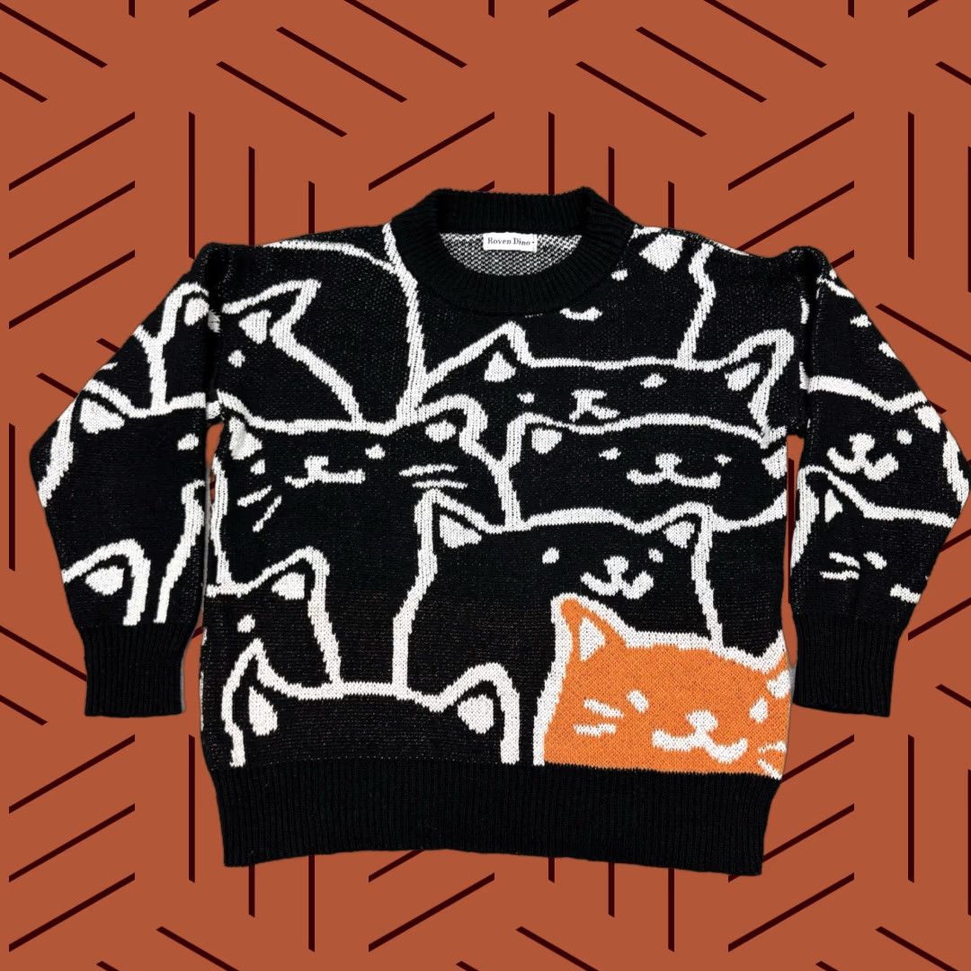 Vintage VTG ROVEN DINO CAT THEME ALL OVER CUTE CREW SWEATER GRAPHIC MEOW WHISKER L Size M / US 6-8 / IT 42-44 - 1 Thumbnail