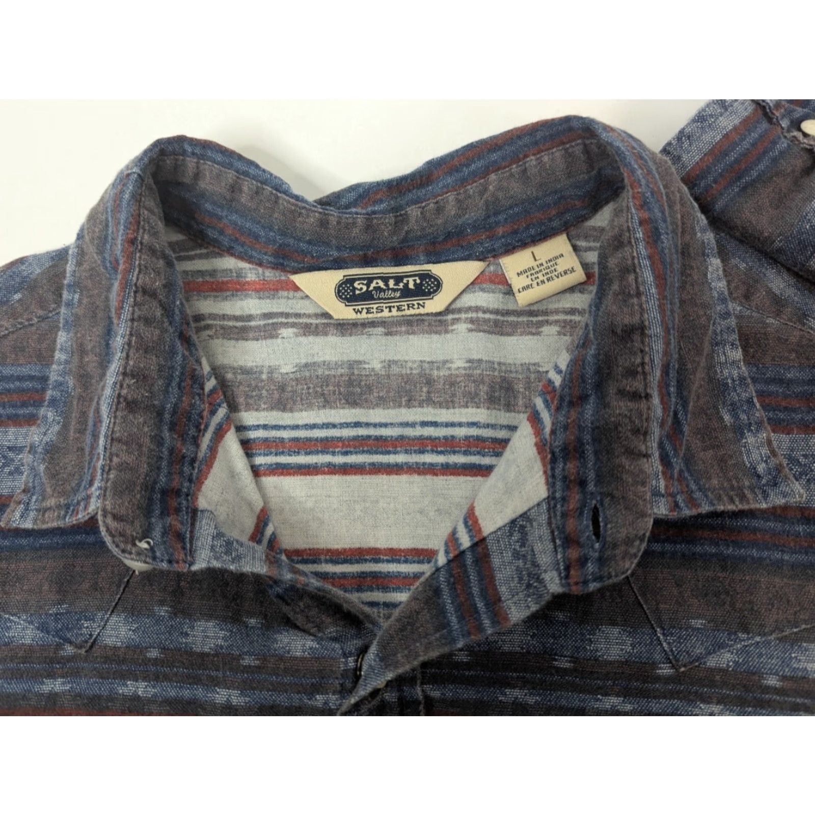 Vintage Salt Valley Shirt Mens L Blue Button-Up Pearl Snaps Western Casual Cotton Knit Geometric 90s Theme Cowboy Outdoors Pockets Size US L / EU 52-54 / 3 - 7 Thumbnail