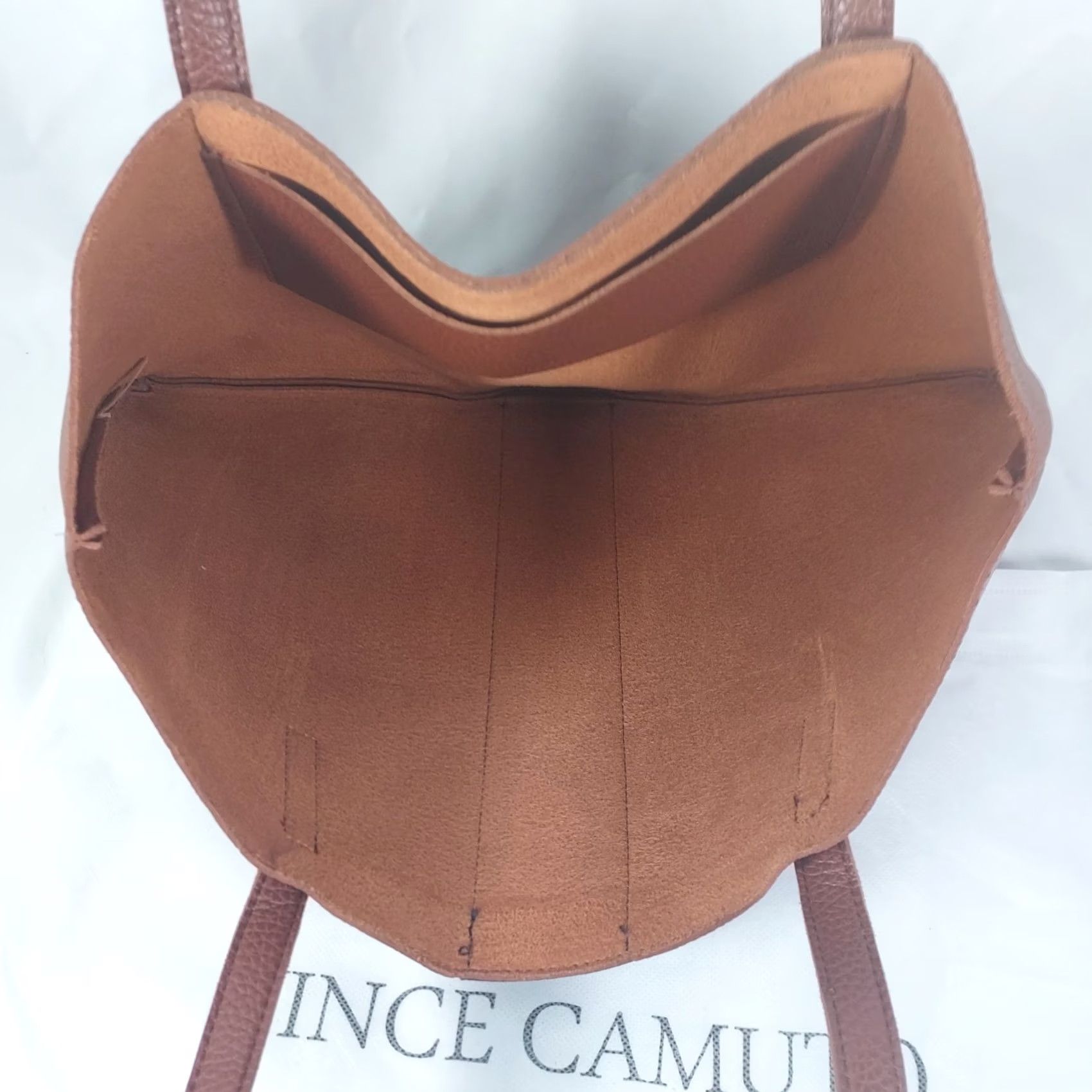 Vince Camuto Vince Camuto Tote Bag Brown Faux Leather with Black Stripe Dust Bag Large Pebbled Inner Pockets Zipper Size ONE SIZE - 3 Thumbnail
