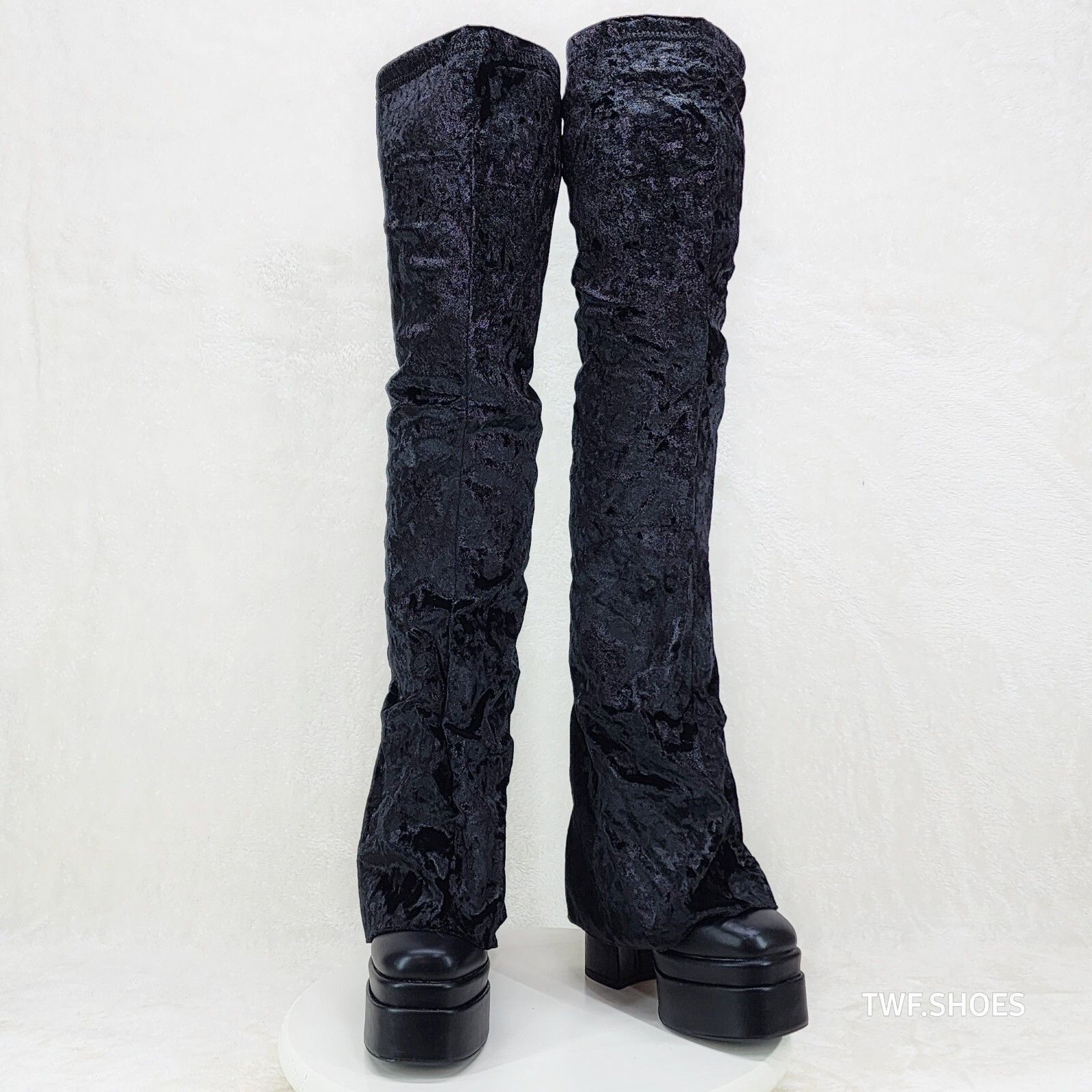 Other Unique Thigh High Black Velvet Fold over Skirted Chunky Heel Size US 8 / IT 38 - 9 Thumbnail