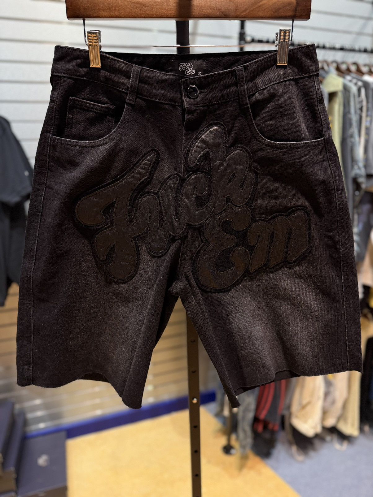Other Fuck EM Shorts Black Denim Leather Patch Size (30) Size US 30 / EU 46 - 2 Thumbnail