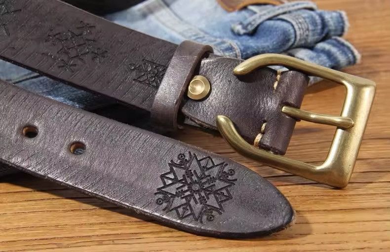 Leather × Vintage Thick Cowhide Brass Horn-shaped Buckle Belt Size ONE SIZE - 4 Thumbnail