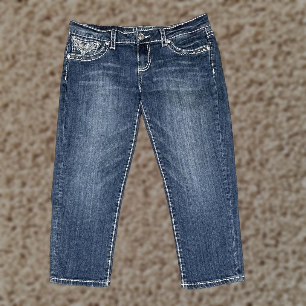 Vintage L.A. Idol Jeans Women 11 Capri Cropped Embellished Rhinestone Pockets Blue Size 32" / US 10 / IT 46 - 1 Thumbnail
