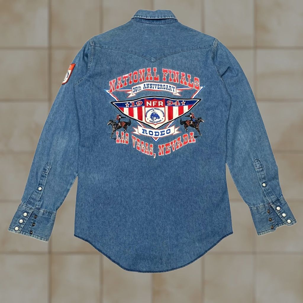 Wrangler Vintage Wrangler NFR National Finals Rodeo Denim Pearl Snap Western 1994 Small Size US S / EU 44-46 / 1 - 1 Thumbnail