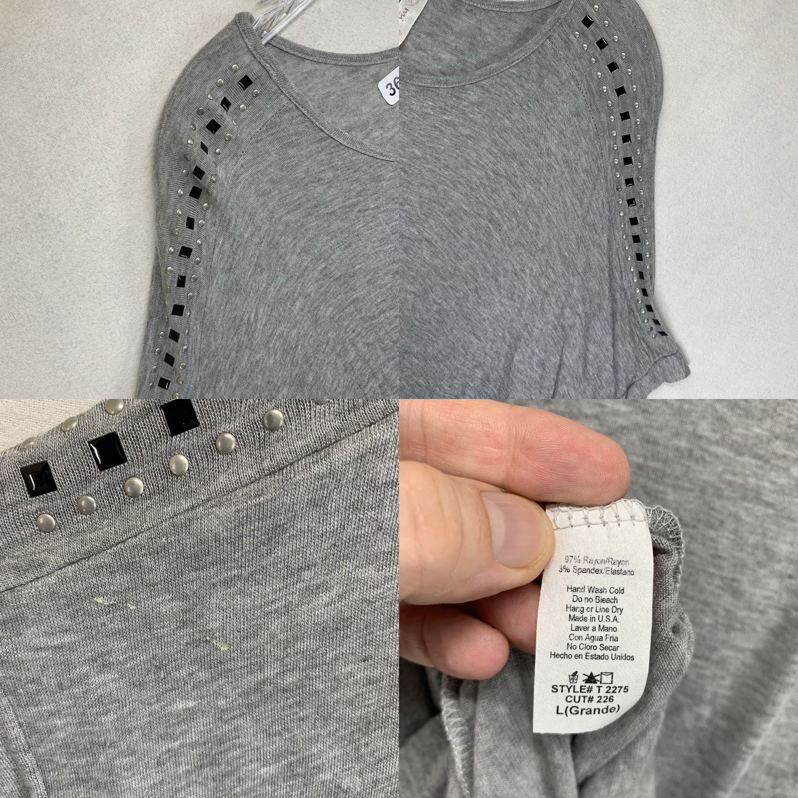 Vintage La Miel Blouse Gray Studded Sleeve Women’s Large Regular Nylon? No, reneed. Size L / US 10 / IT 46 - 8 Thumbnail