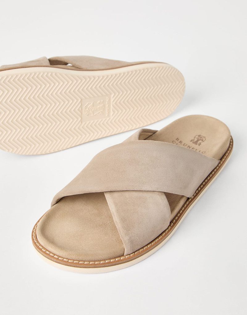 Brunello Cucinelli o1la1rc1a0326 Washed Suede Cross-Over Slides Slippers Beige Size US 9 / EU 42 - 3 Thumbnail