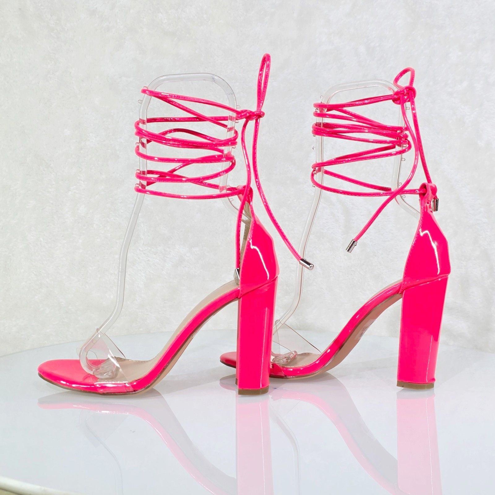 Other Shocker Tie Up Ankle Strap Neon Pink Chunky High Heels Sand Size US 8.5 / IT 38.5 - 2 Thumbnail