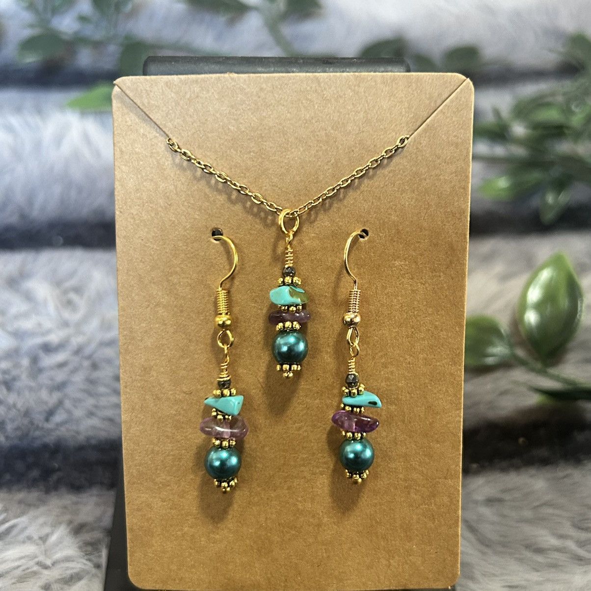 Handmade Handcrafted amethyst turquoise pearl necklace set Size ONE SIZE - 2 Thumbnail