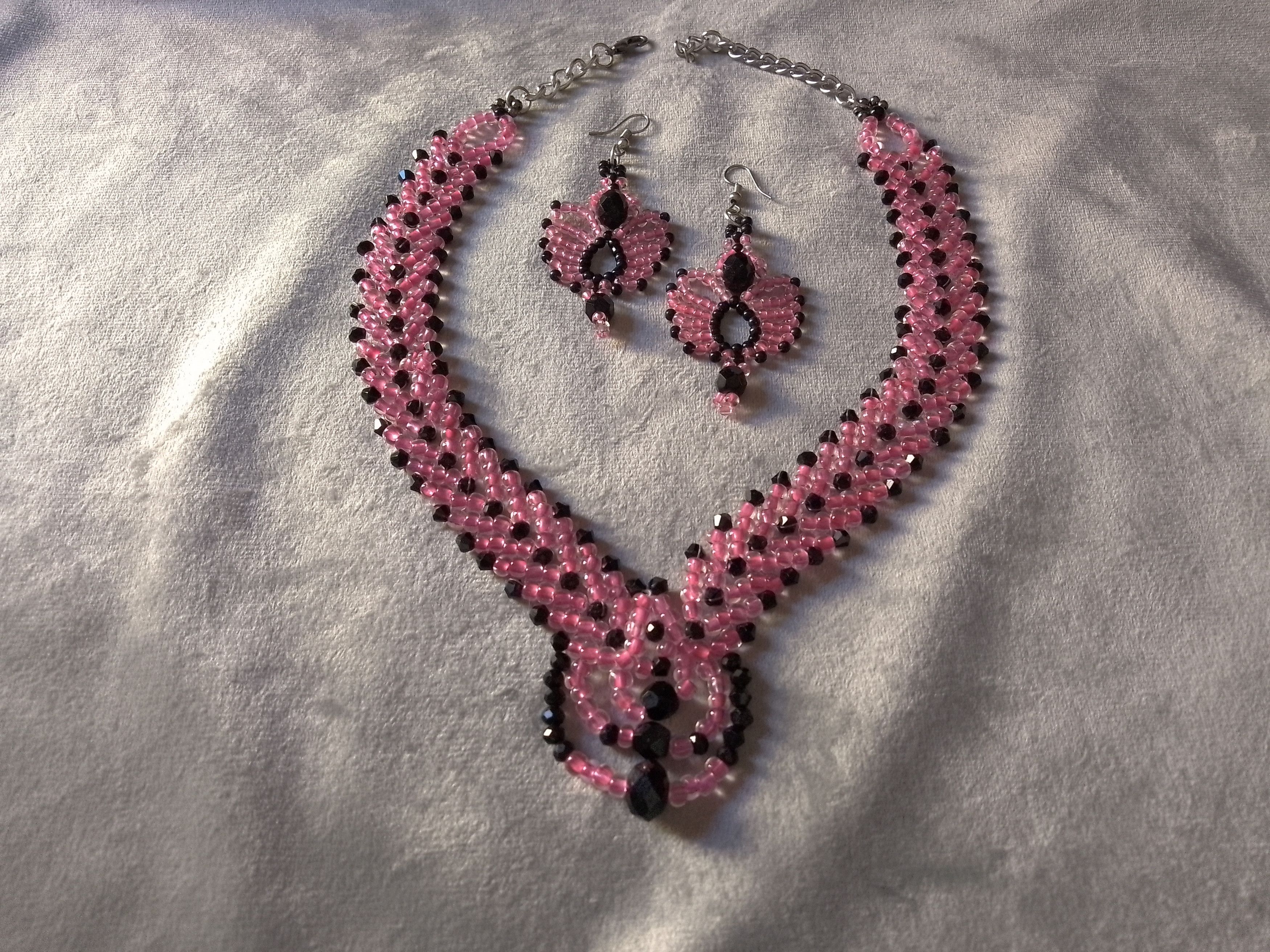 Handmade Necklace Braided Pink Black Earrings Crystals Elegant Size ONE SIZE - 11 Thumbnail