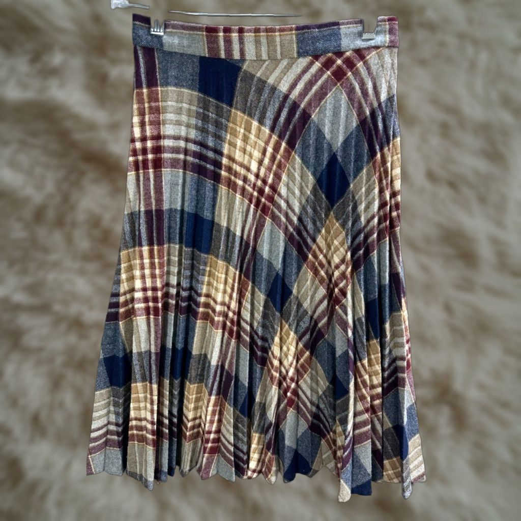 Vintage Women's Calliope Plaid Knee Length Skirt Flared Pleated 9 Gray Beige Blue Sz 9 Size 30" / US 8 / IT 44 - 1 Thumbnail