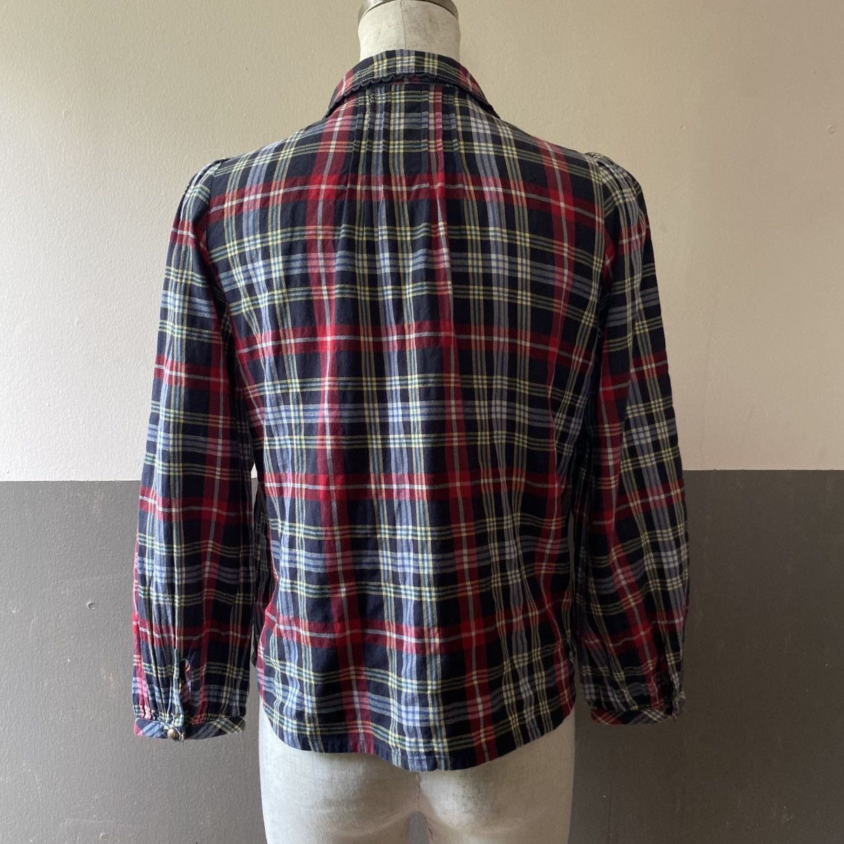 Japanese Brand Mezzo Piano Red Navy Check Long Sleeve Blouse Size S / US 4 / IT 40 - 8 Thumbnail