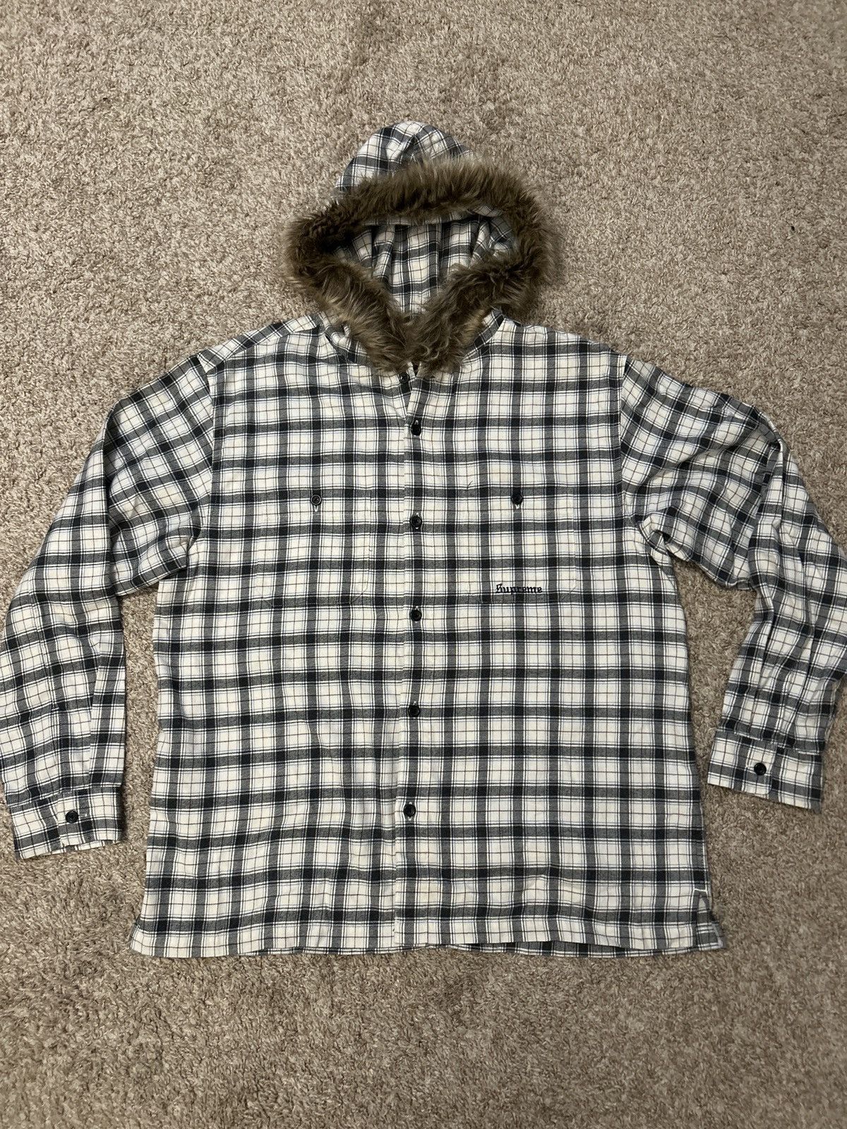 Supreme Fur Trim Flannel Hooded Shirt F/W 24 Size Medium