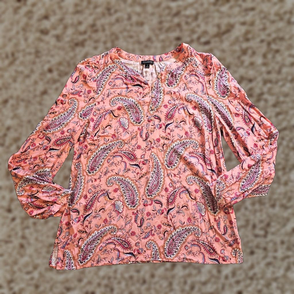 Talbots Talbots Pink Paisley V Neck Long Sleeve Blouse Womens Medium Casual Career Shirt Size M / US 6-8 / IT 42-44 - 1 Thumbnail