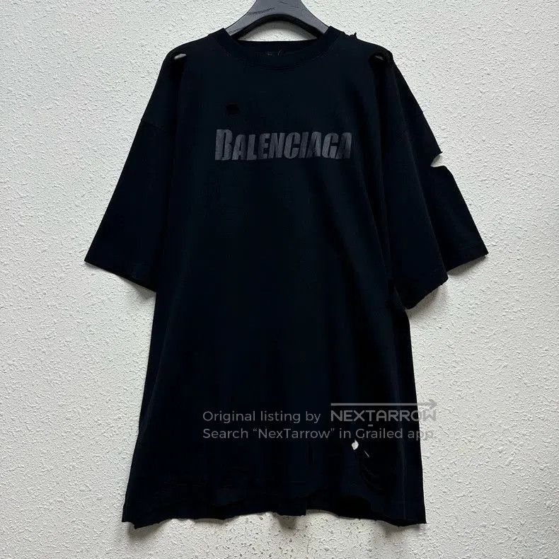 Balenciaga Distressed Logo Short Sleeve Tee.