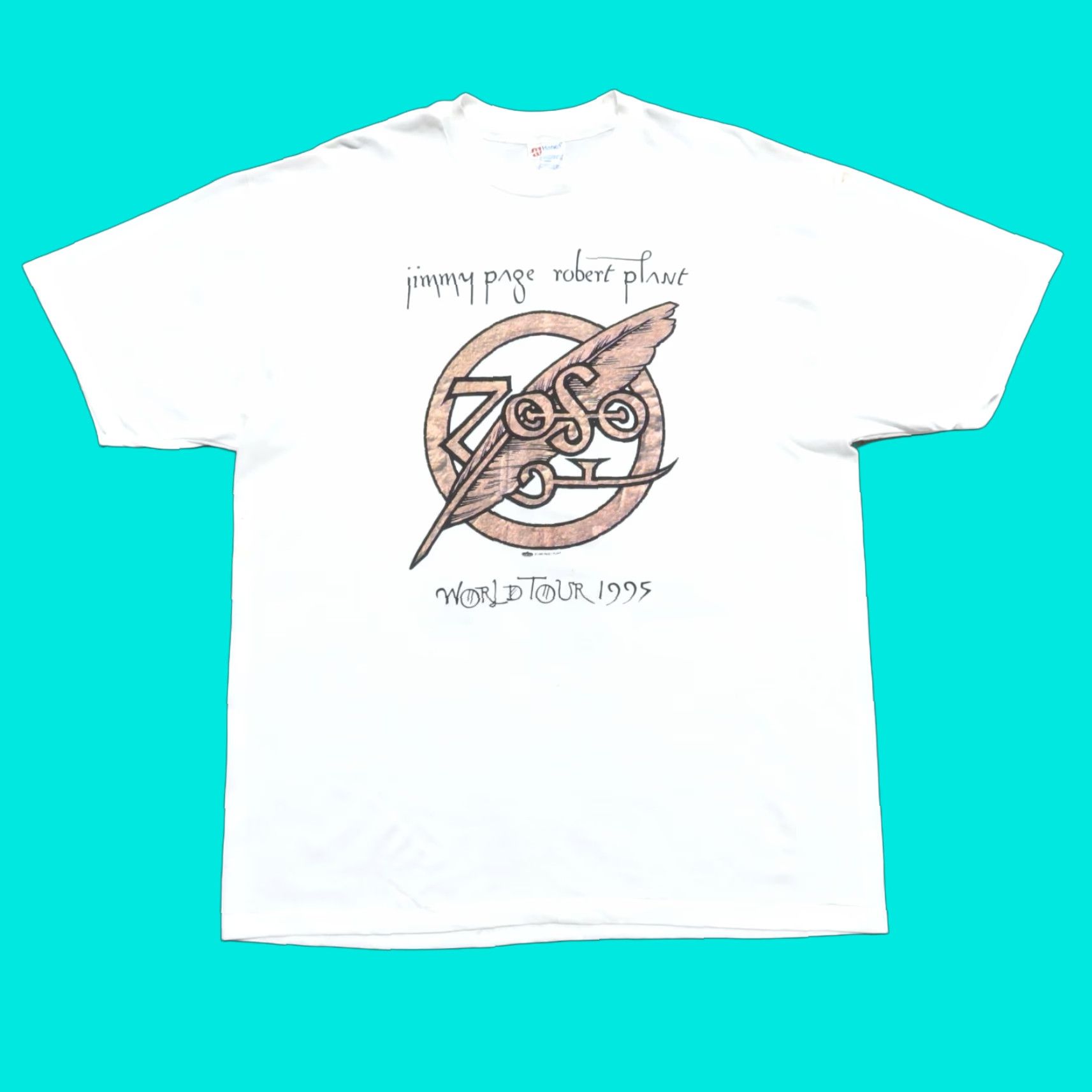 Hanes Vintage 1995 Jimmy Page Robert Plant World Tour Shirt XL White Mens T-Shirt Short Sleeve Vintage 1995 World Tour Shirt Mens XL White Size US XL / EU 56 / 4 - 1 Thumbnail