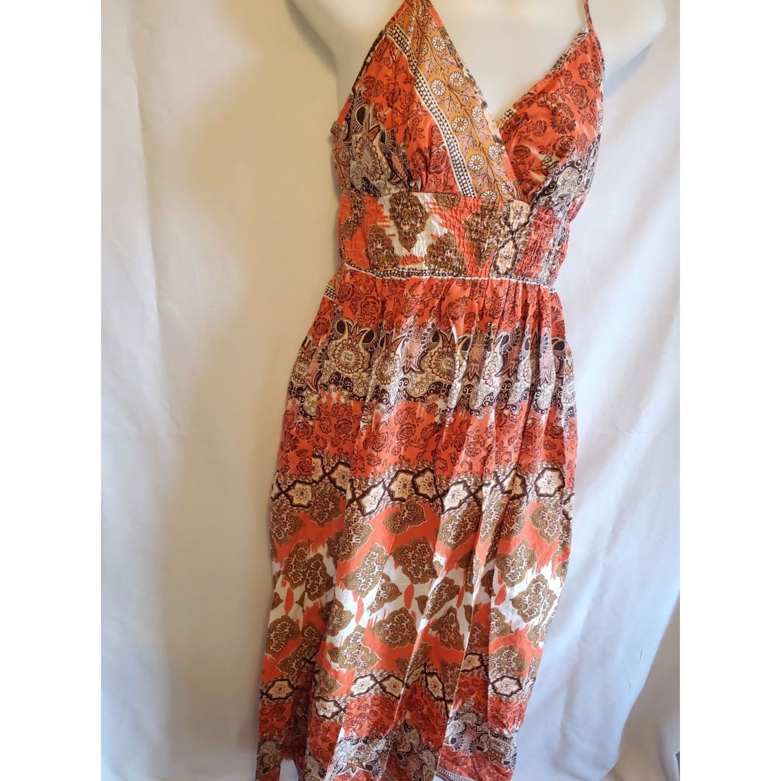 Vintage VINTAGE She's Cool Batik Print Maxi Halter Dress L Orange Brown Boho Hippie Summer Womens Size L / US 10 / IT 46 - 3 Thumbnail