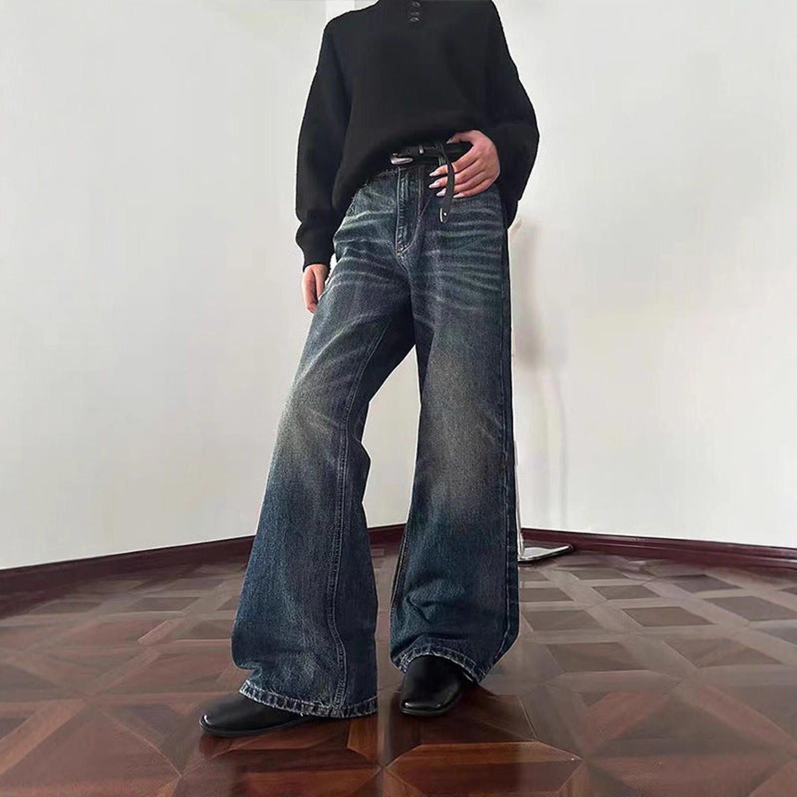 Vintage Black Wide Leg Denim Jeans, Vintage Washed Flared Jeans Size US 32 / EU 48 - 1 Thumbnail