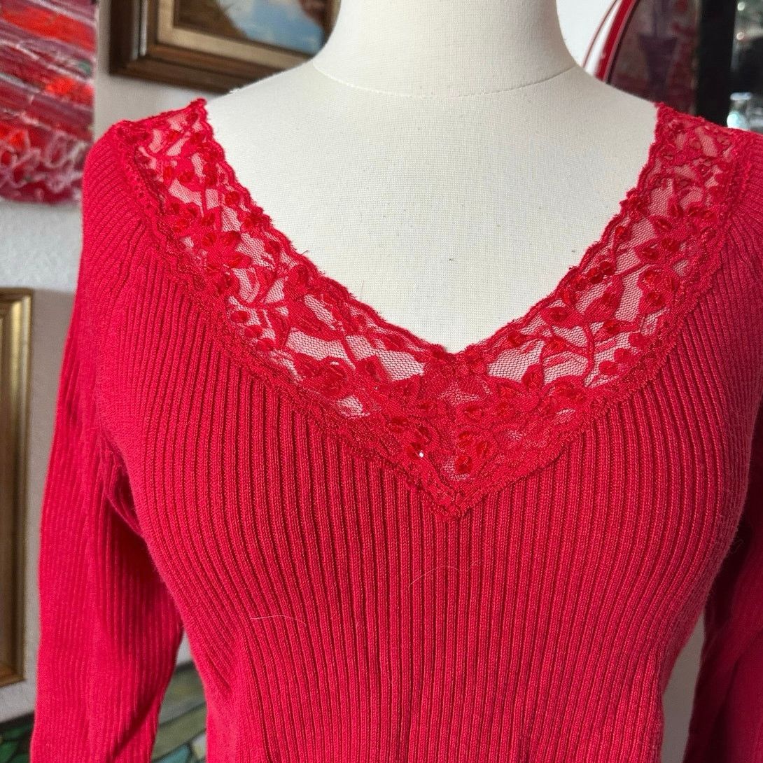 Other inspire one step up red ribbed lace long sleeve top Size L / US 10 / IT 46 - 2 Thumbnail