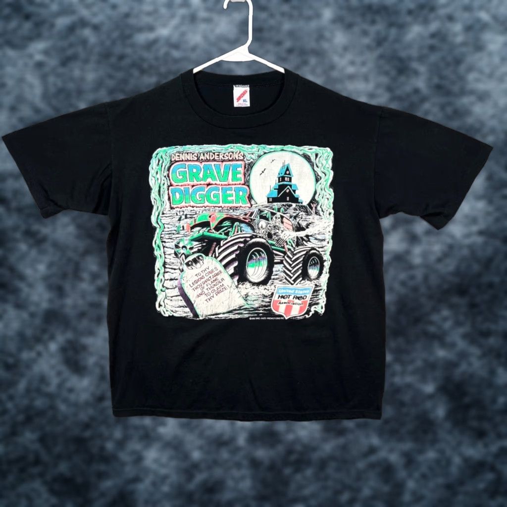 Jerzees VINTAGE Dennis Andersons Grave Digger Monster Truck T Shirt Adult XL Black Shirt Mens 90s T-Shirt Size US XL / EU 56 / 4 - 1 Thumbnail