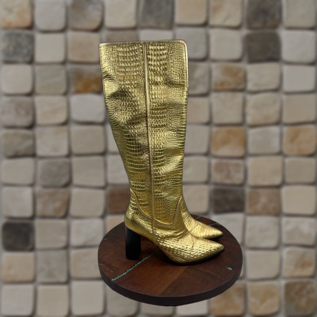 Vintage Cecelia New York Reckon Boots Womens Size 8 B Gold Leather Croc Embossed Mid-Calf Riding Block Heel Leather Lining Casual Outdoor Vintage: No Size US 8 / IT 38 - 1 Thumbnail