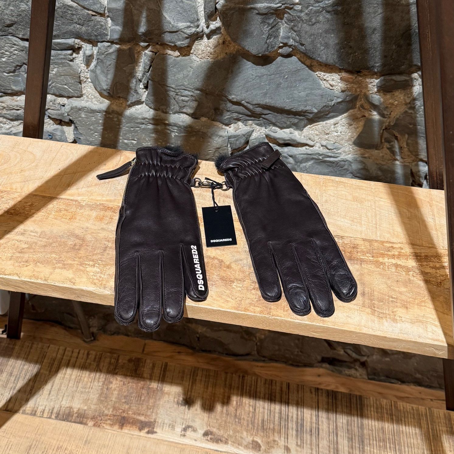 Dsquared2 Dsquared2 Rabbit Fur Lined Logo Brown Leather Gloves Size ONE SIZE - 1 Thumbnail