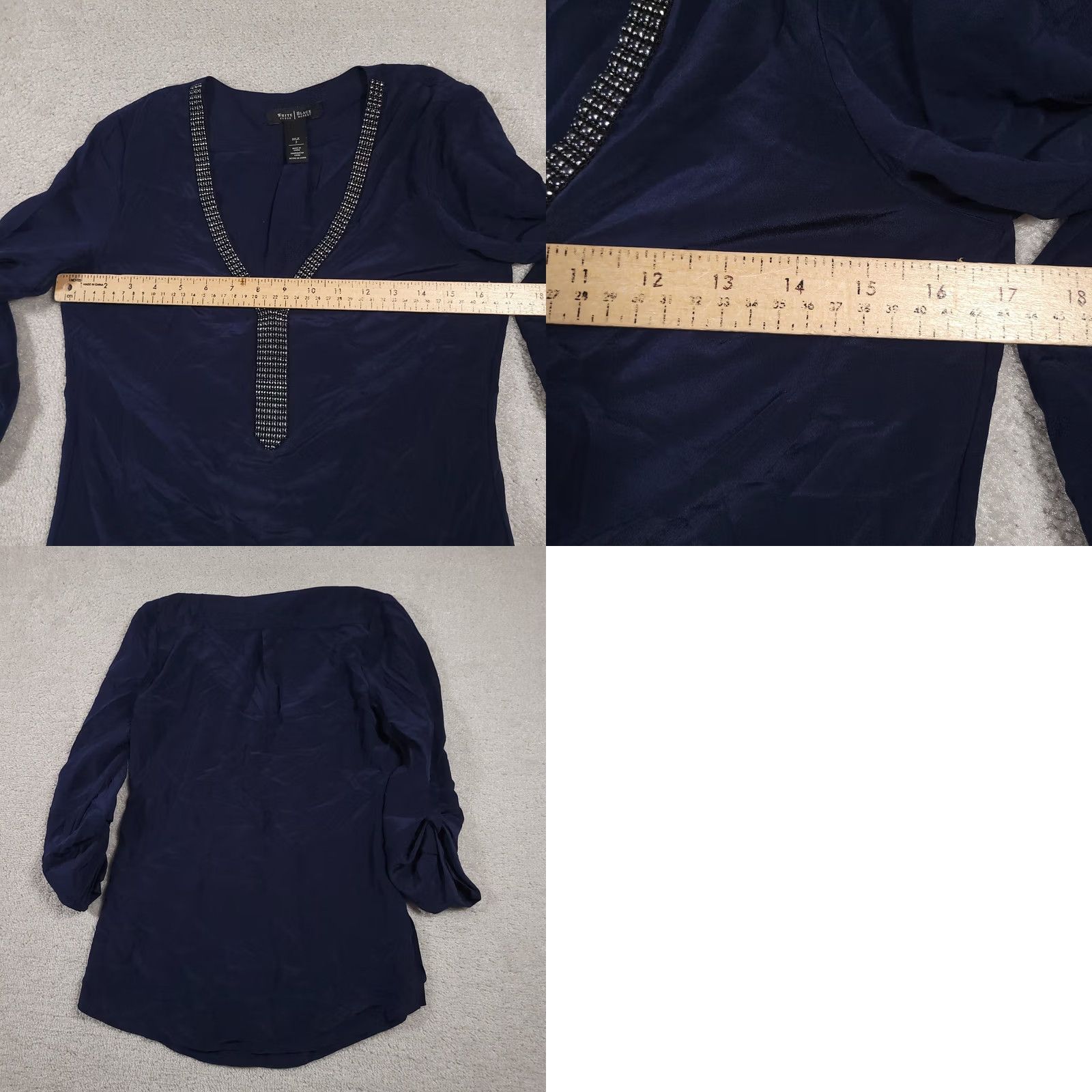 White House Black Market VINTAGE White House Black Market Tunic Womens 2 Navy Blue Silk Embellished V-Neck Blouse Top Size XS / US 0-2 / IT 36-38 - 9 Thumbnail
