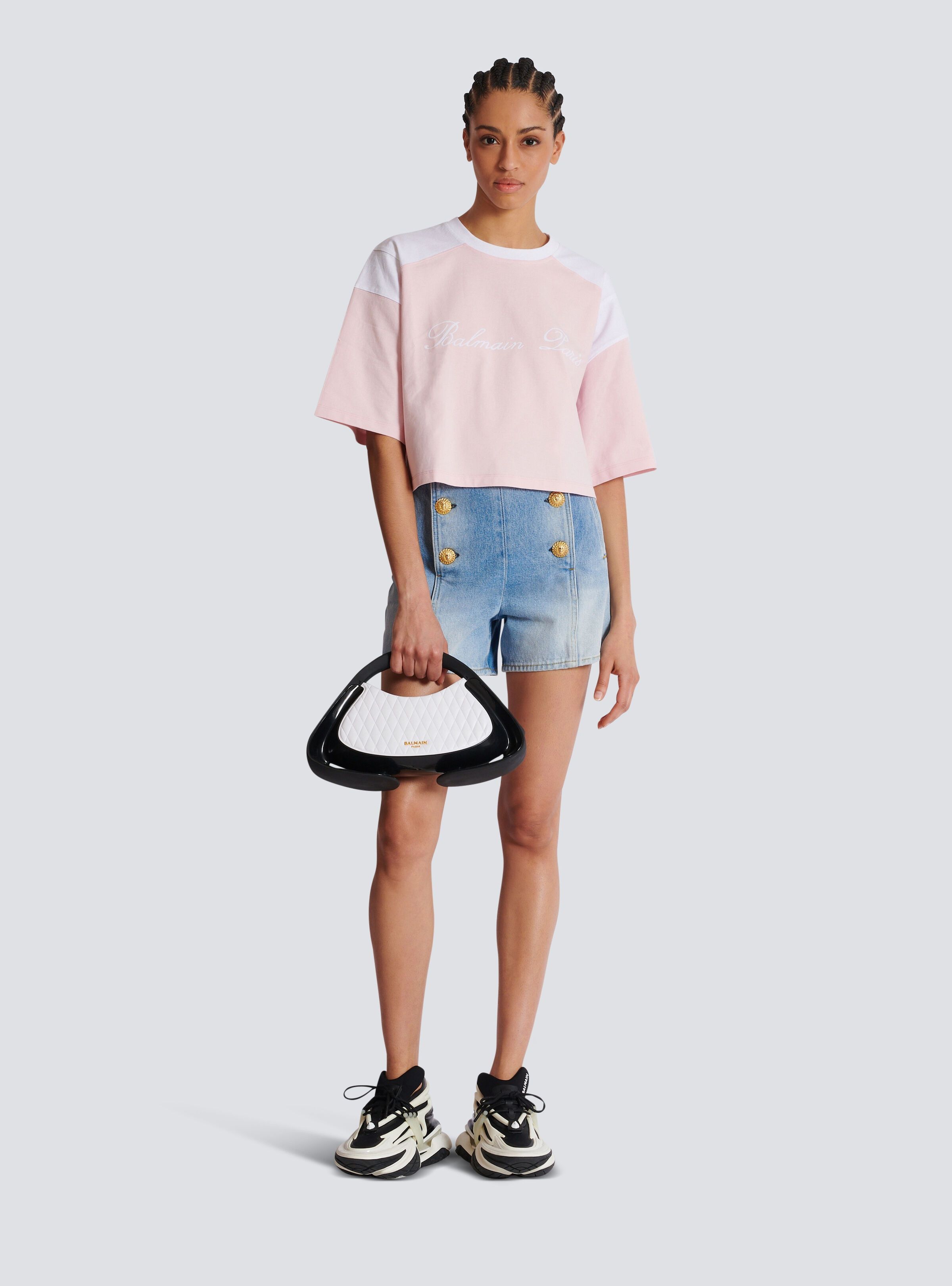 Balmain o1s1wg110725 Logo Colorblock Cropped T-Shirt in Pink Size M / US 6-8 / IT 42-44 - 7 Thumbnail