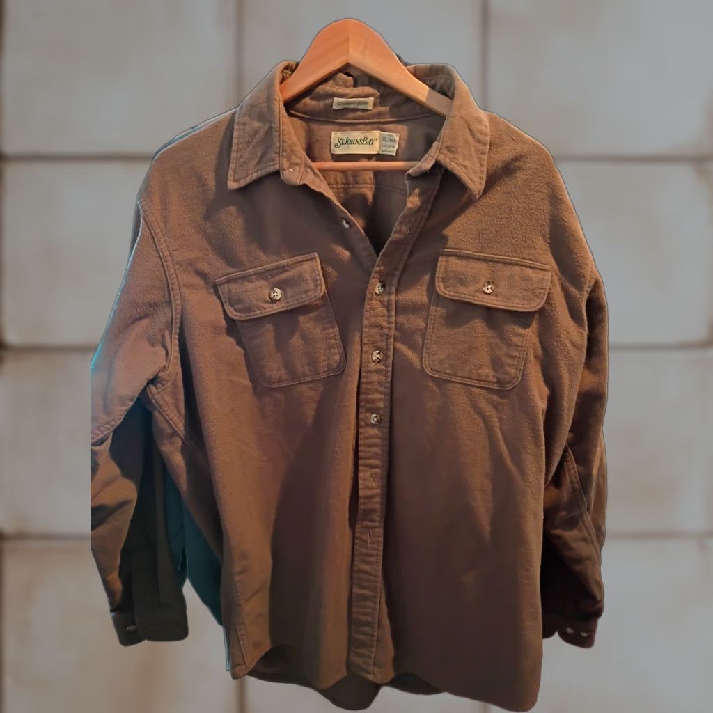 VINTAGE St John's Bay Chamois Cloth Made In USA Button Up Shirt XL Tall Mens Brown Cotton Long Sleeve Shirt Buttons