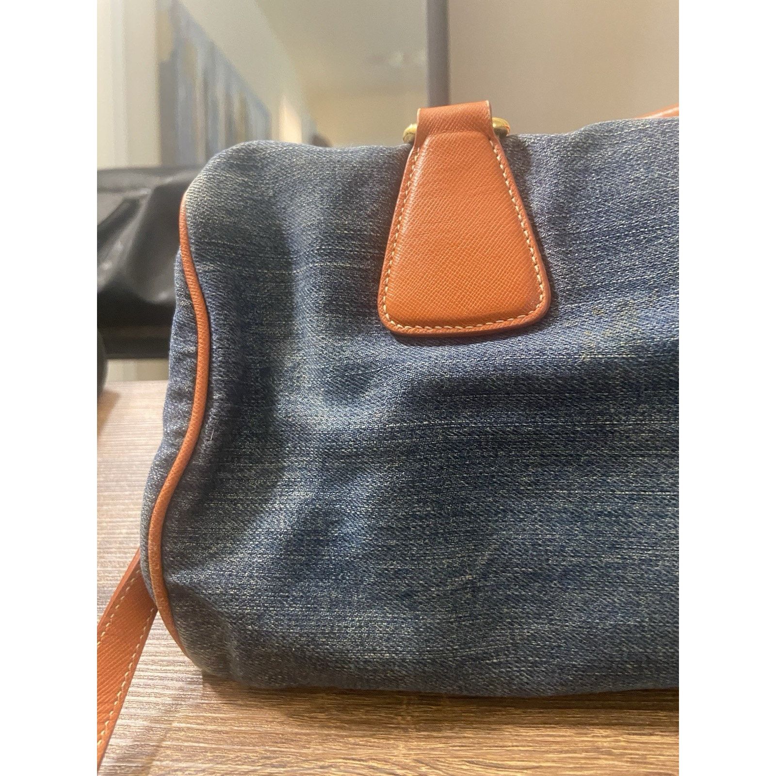 Prada Prada Bauletto blue denim orange saffiano 2way handbag, good Size ONE SIZE - 7 Thumbnail